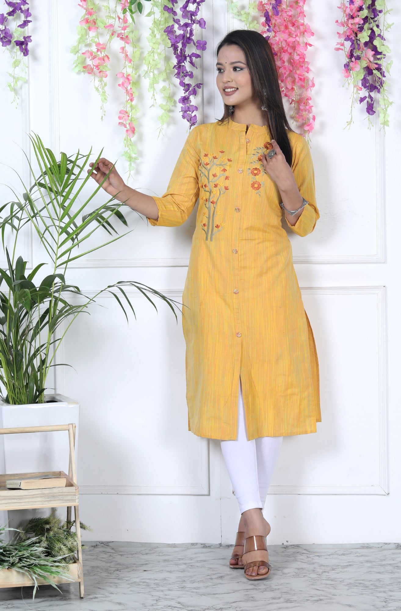 Yellow Cotton Solid Print Straight Kurta-1114