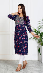 Blue Cotton Blend Floral Print Straight Kurta