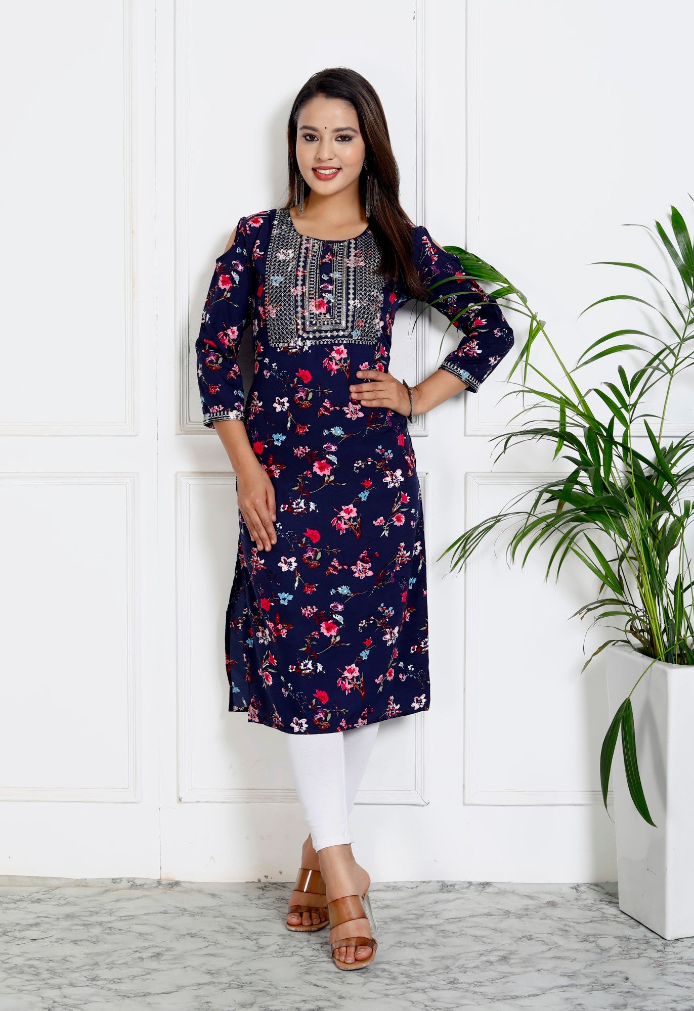 Blue Cotton Blend Floral Print Straight Kurta