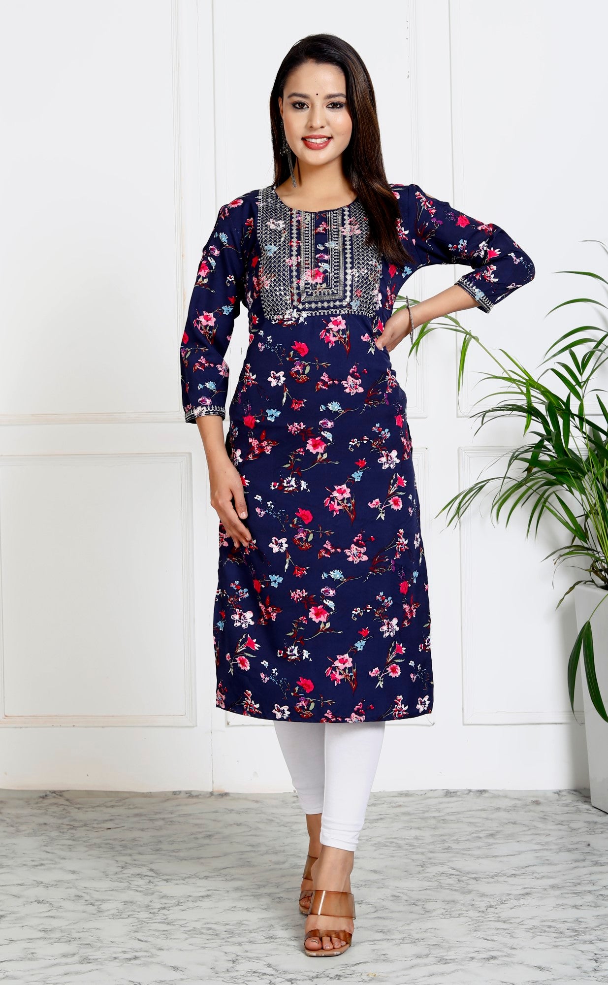 Blue Cotton Blend Floral Print Straight Kurta