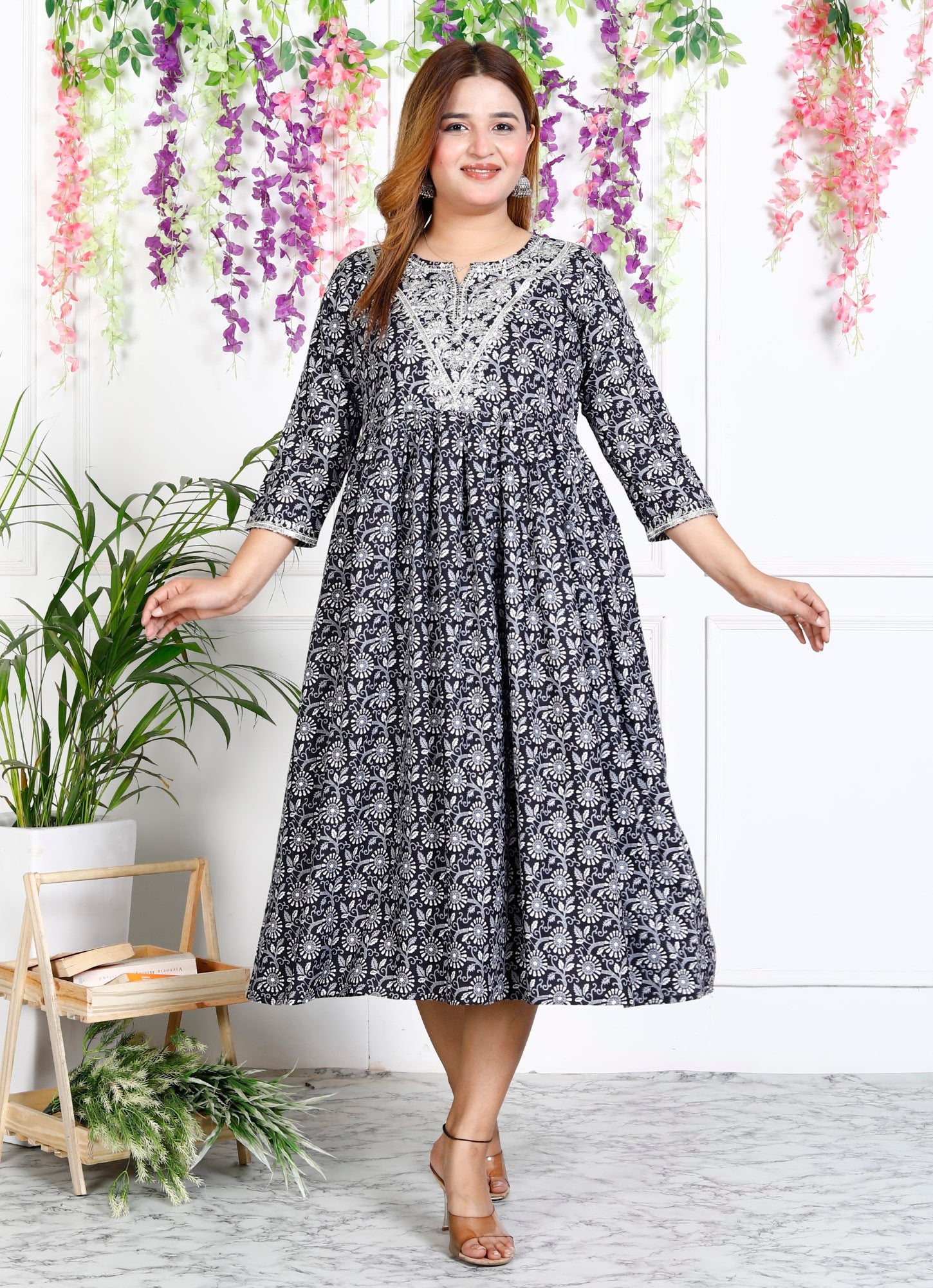 Black Cotton Blend Printed Anarkali Kurta-1123