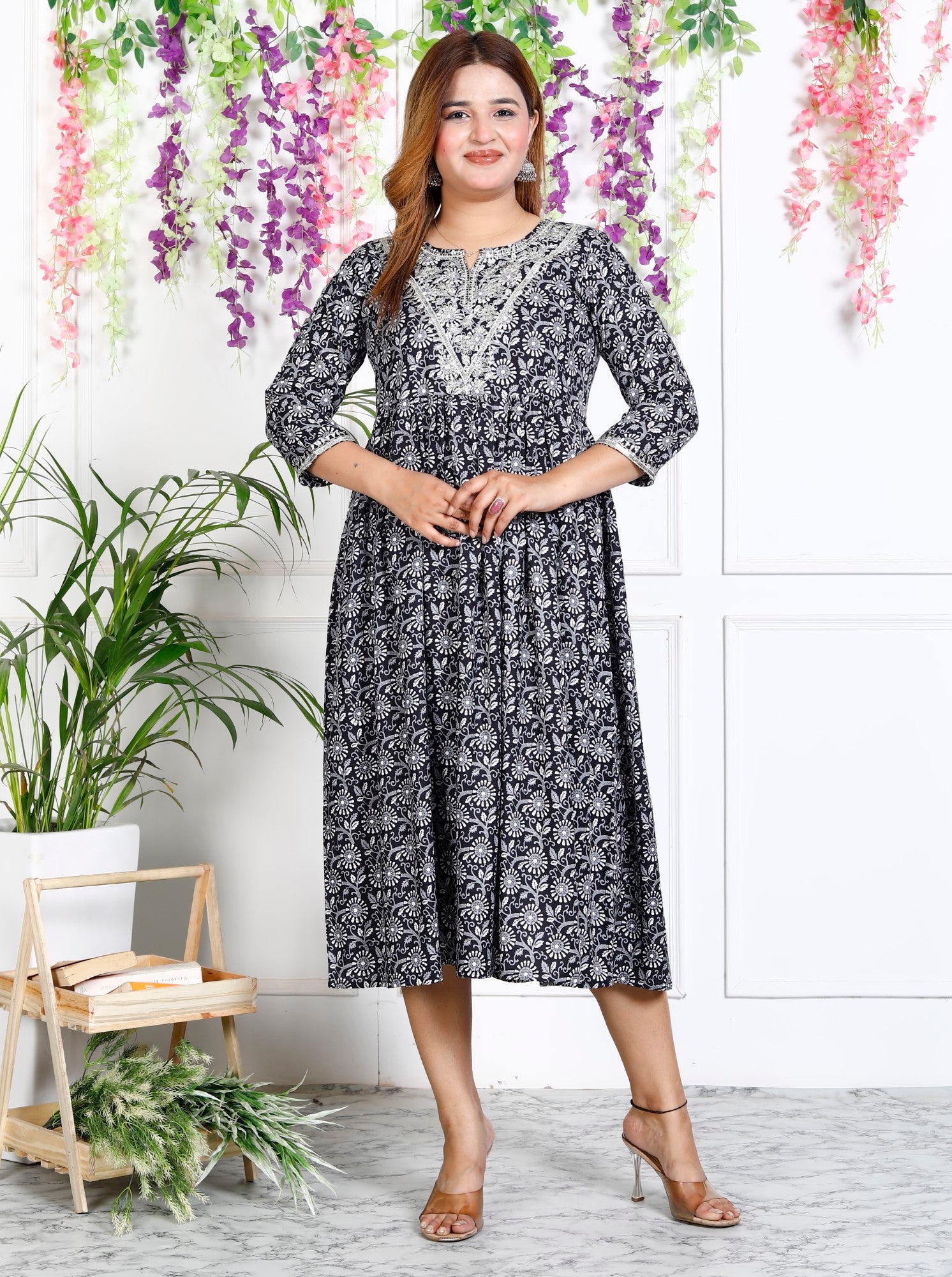 Black Cotton Blend Printed Anarkali Kurta-1123