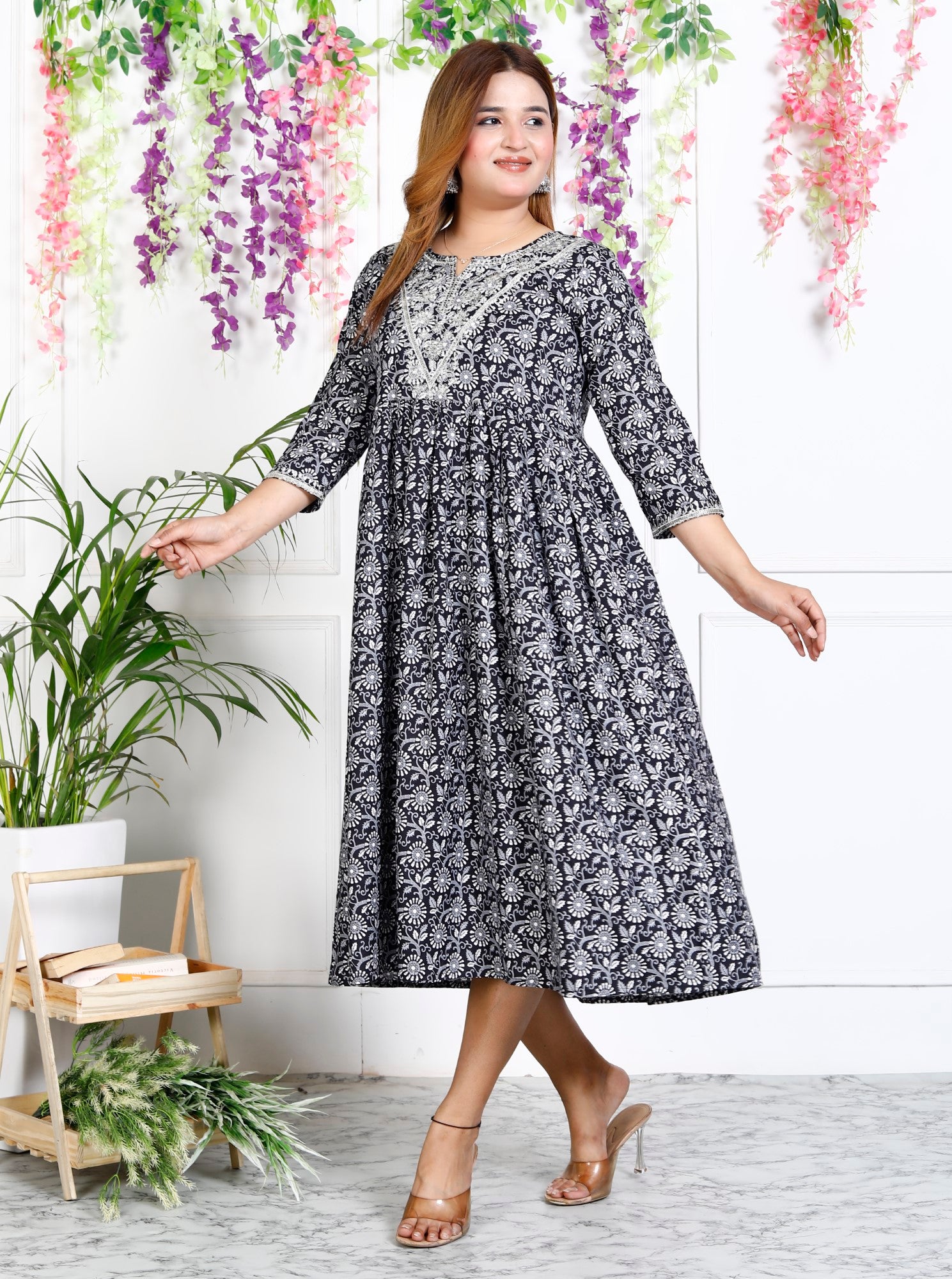 Black Cotton Blend Printed Anarkali Kurta-1123