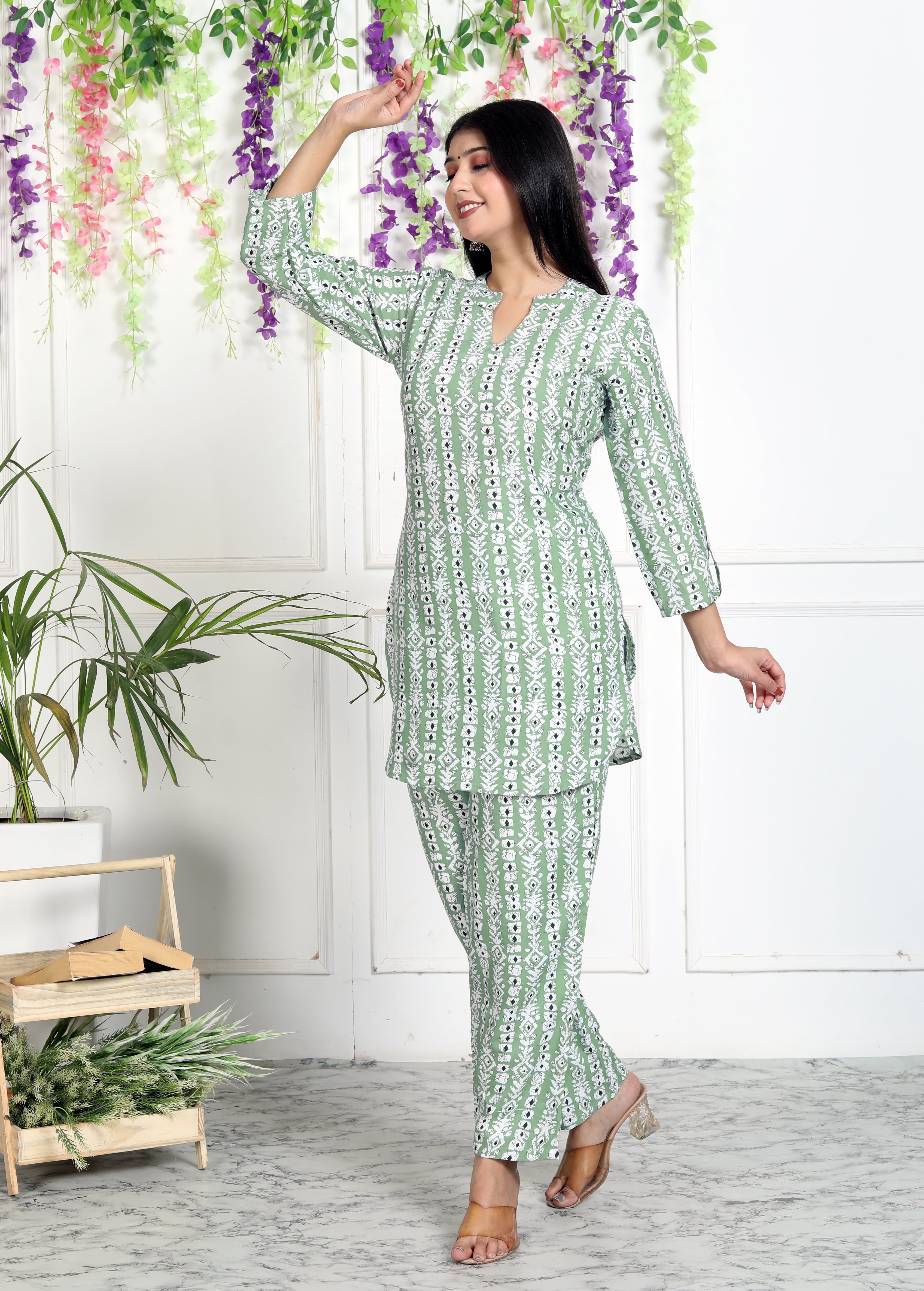 Green Cotton Blend Floral Print Co-Ord Set-1128