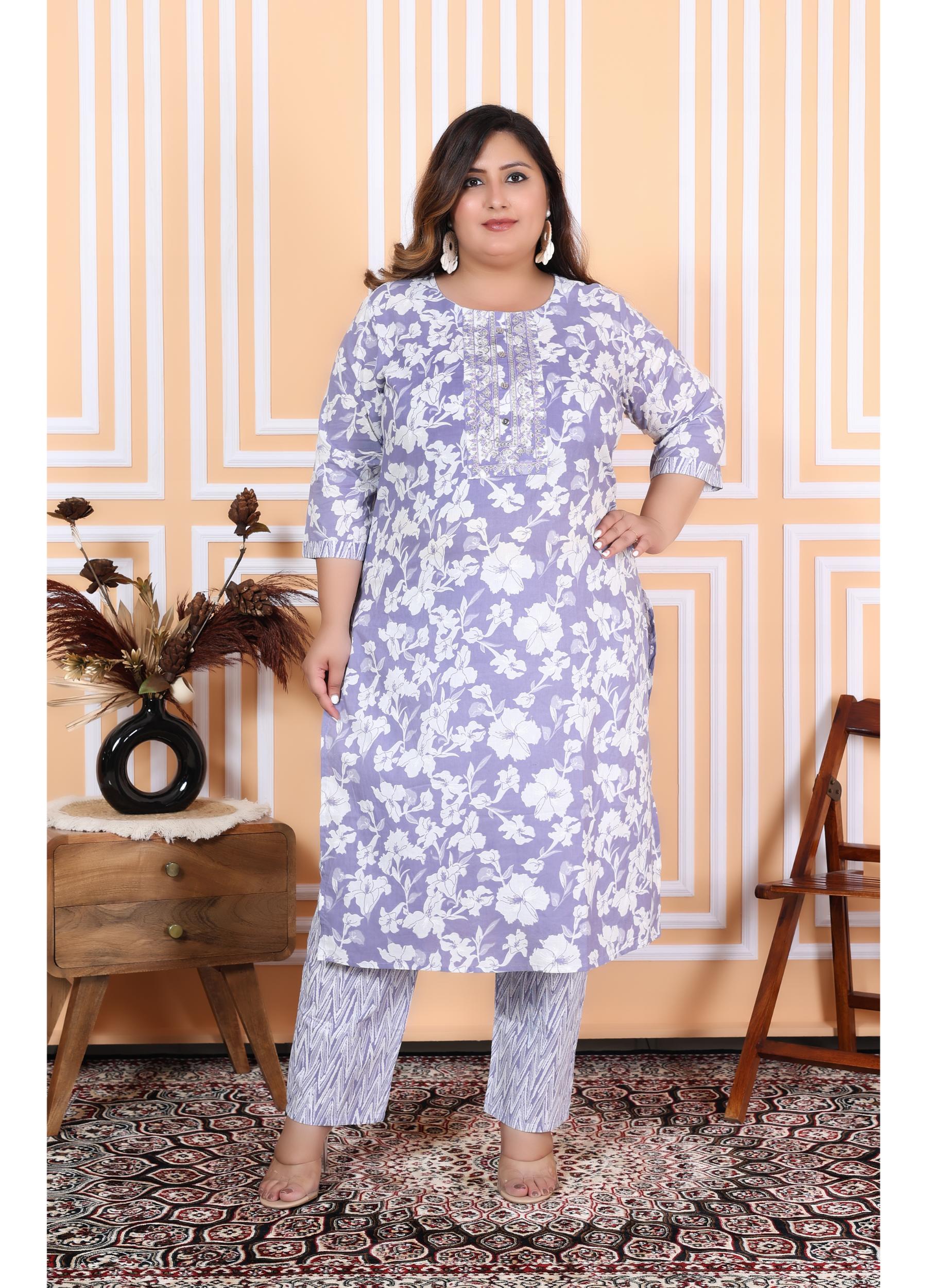 Purple Cotton Printed Embroidered Kurta With Pant Set (200001-Purple)