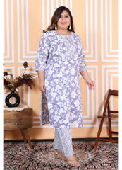 Purple Cotton Printed Embroidered Kurta With Pant Set (200001-Purple)