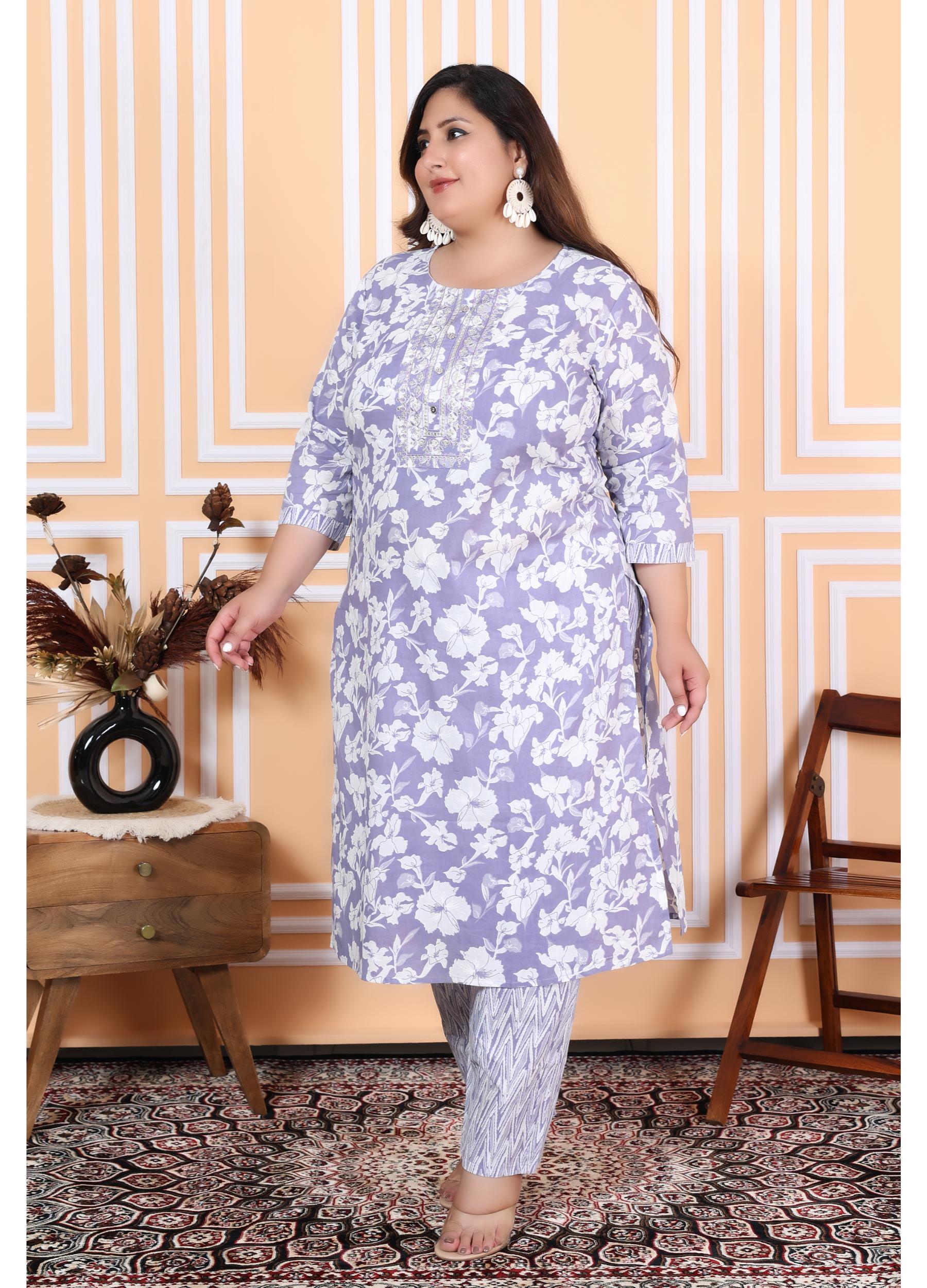 Purple Cotton Printed Embroidered Kurta With Pant Set (200001-Purple)