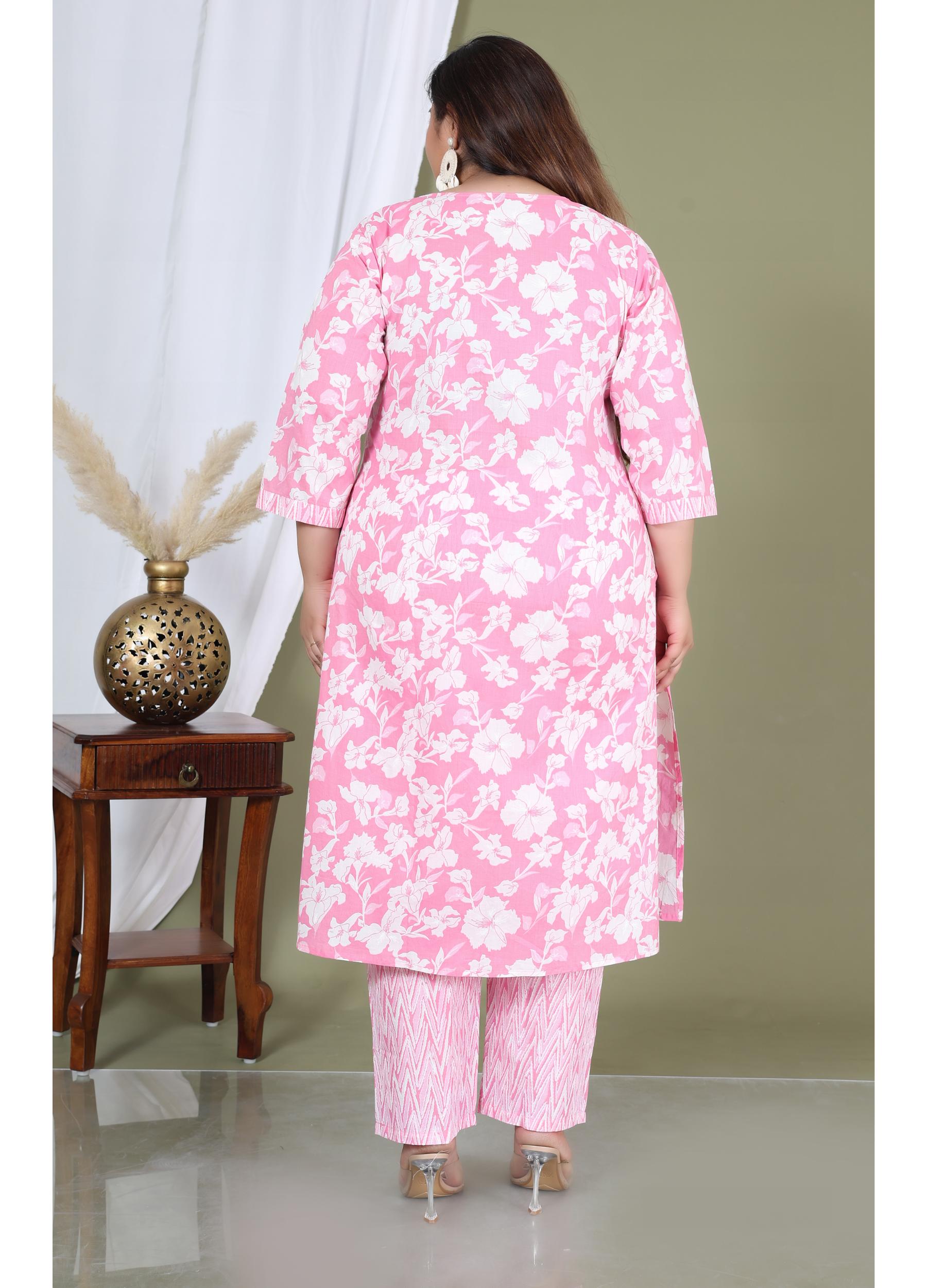 Pink Cotton Printed Embroidered Kurta With Pant Set (200002-Pink)