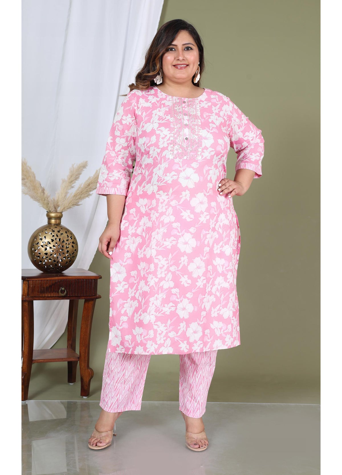 Pink Cotton Printed Embroidered Kurta With Pant Set (200002-Pink)