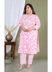 Pink Cotton Printed Embroidered Kurta With Pant Set (200002-Pink)