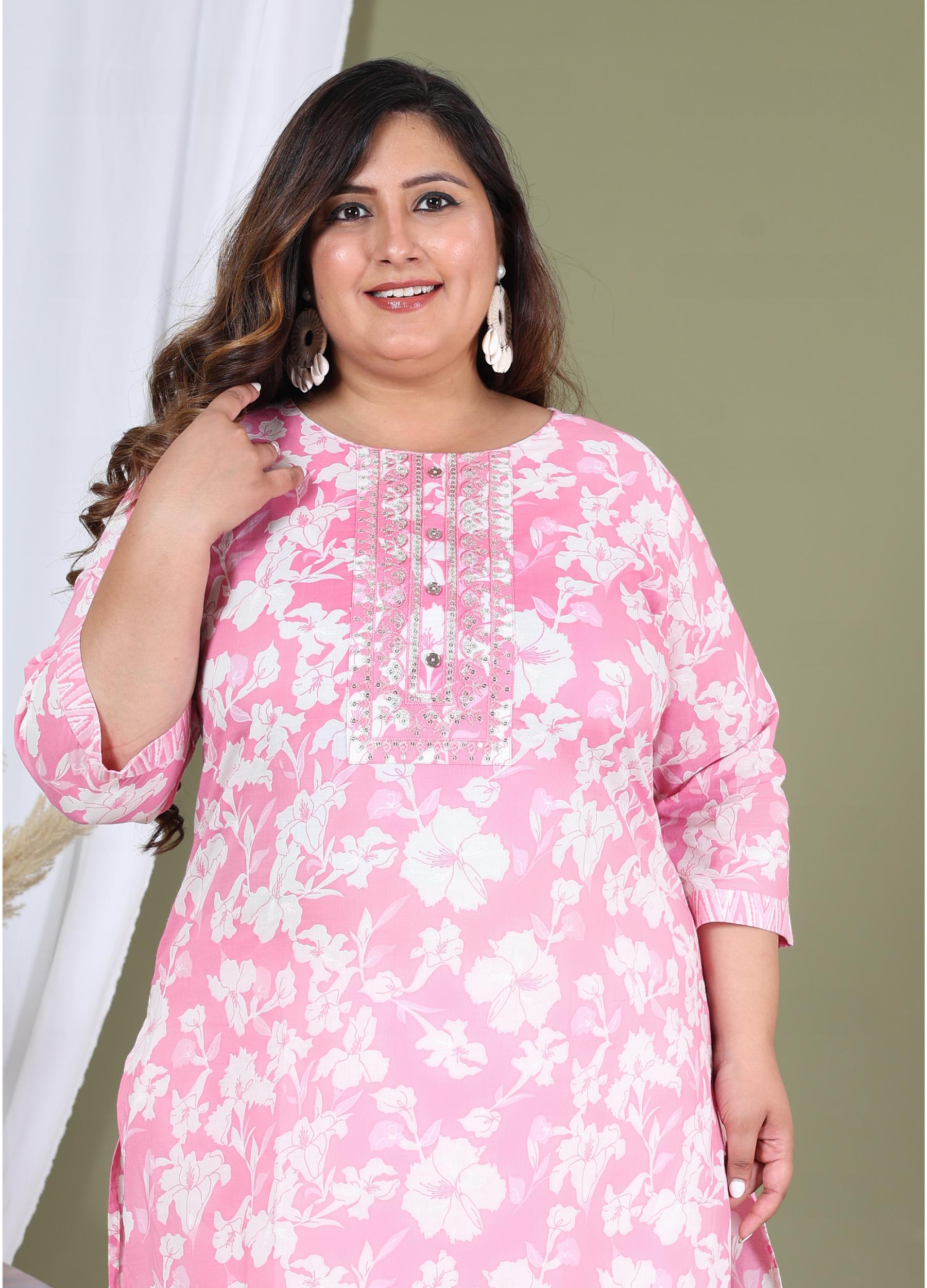 Pink Cotton Printed Embroidered Kurta With Pant Set (200002-Pink)