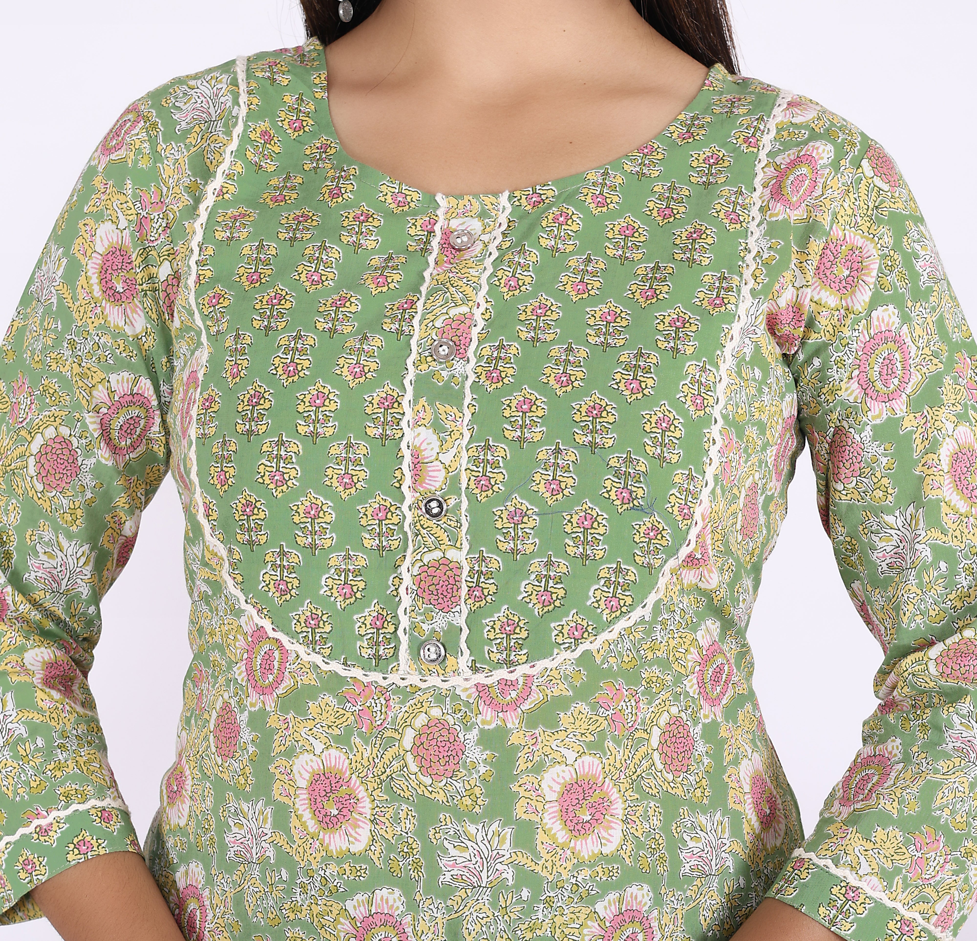 Green Cotton Printed Kurta With Pant Set (200005-Green)