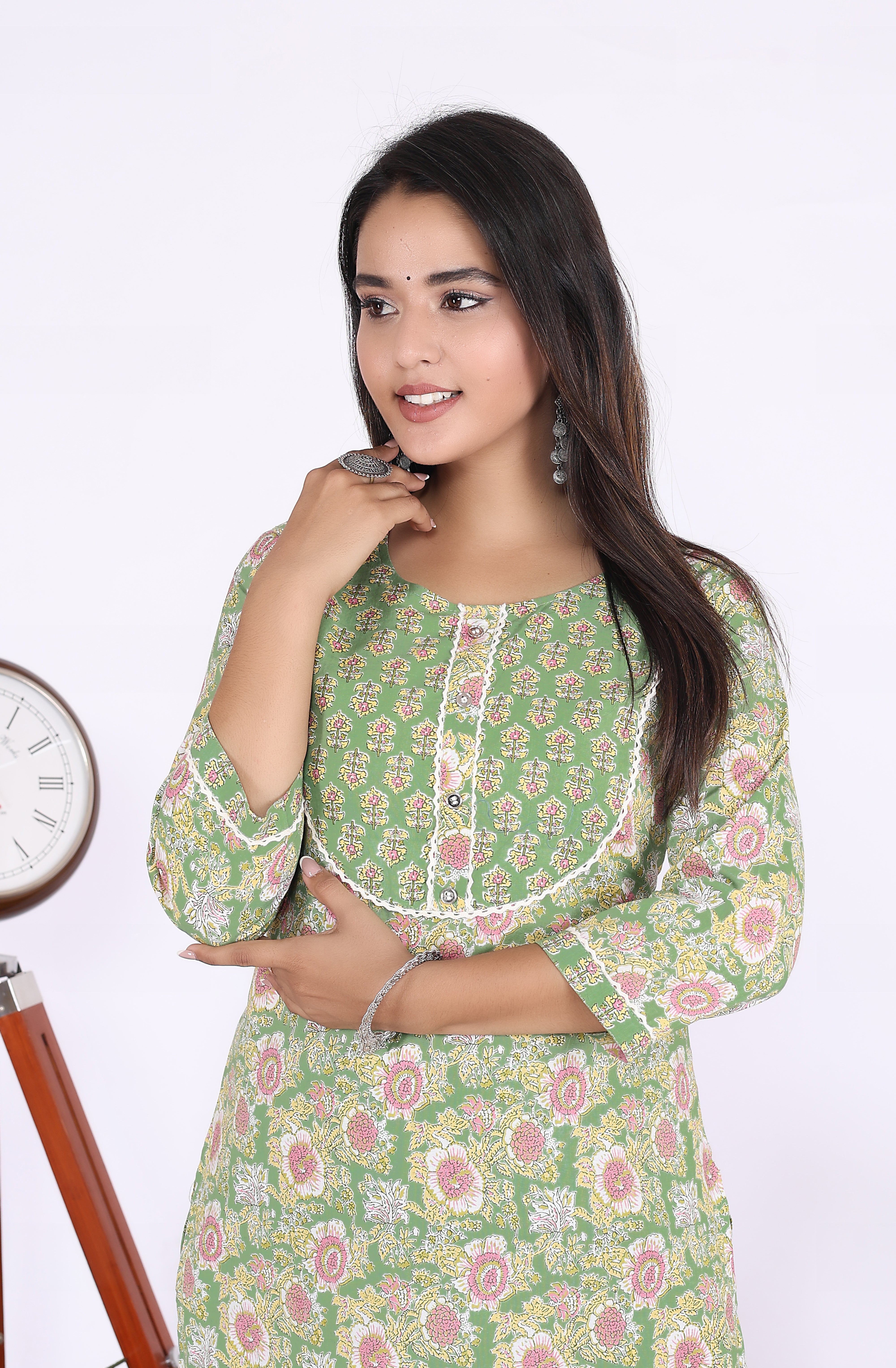 Green Cotton Printed Kurta With Pant Set (200005-Green)