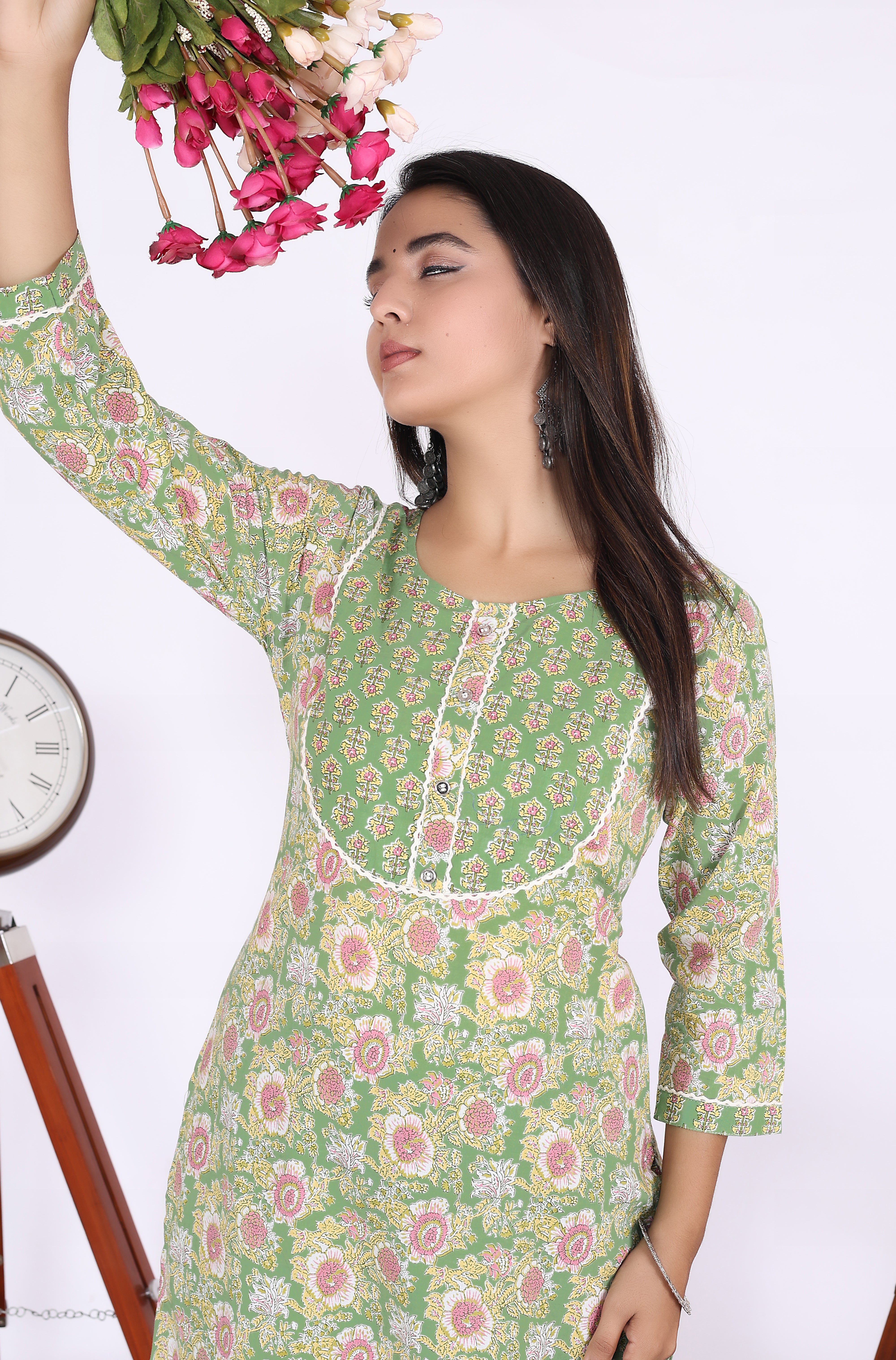 Green Cotton Printed Kurta With Pant Set (200005-Green)