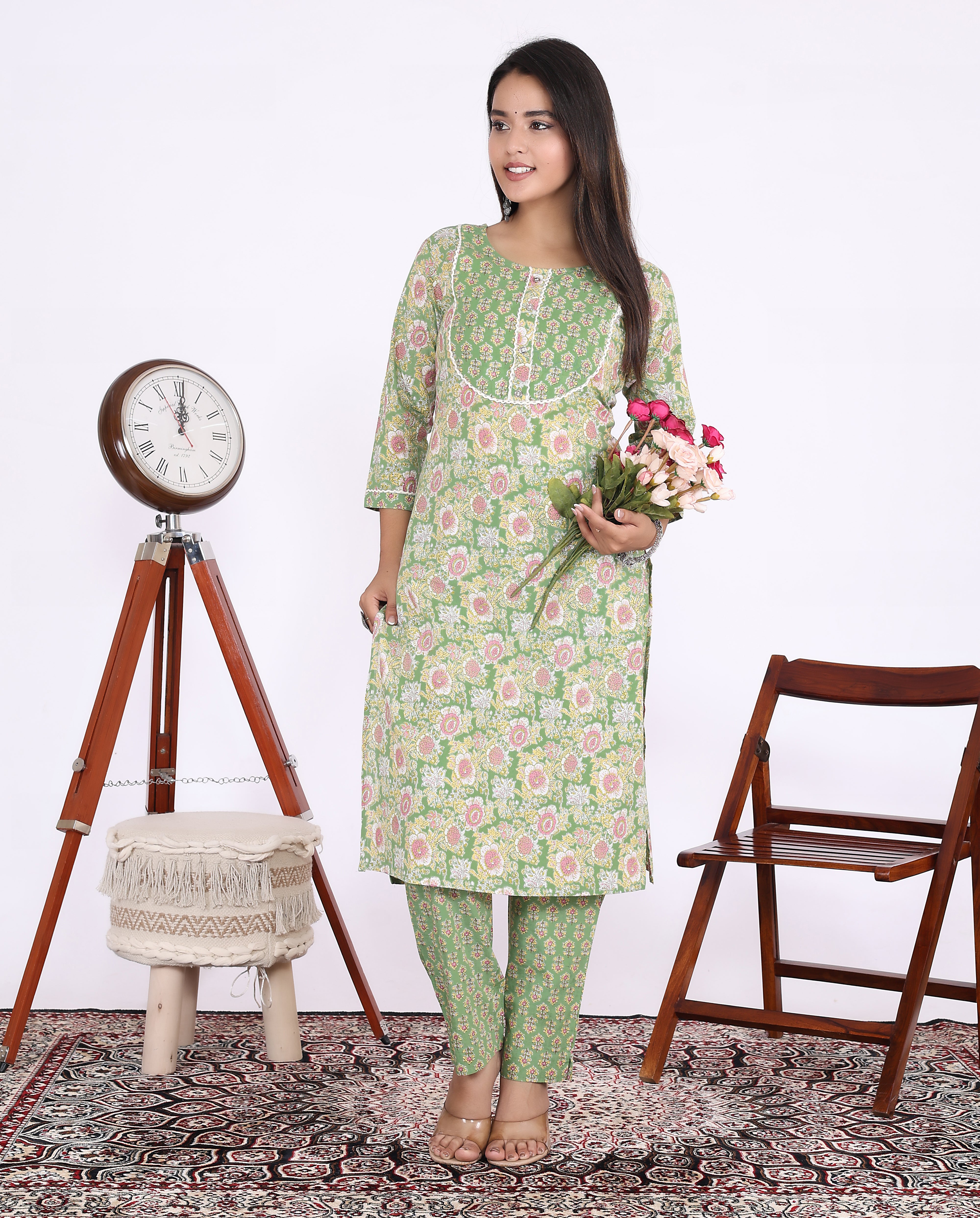 Green Cotton Printed Kurta With Pant Set (200005-Green)