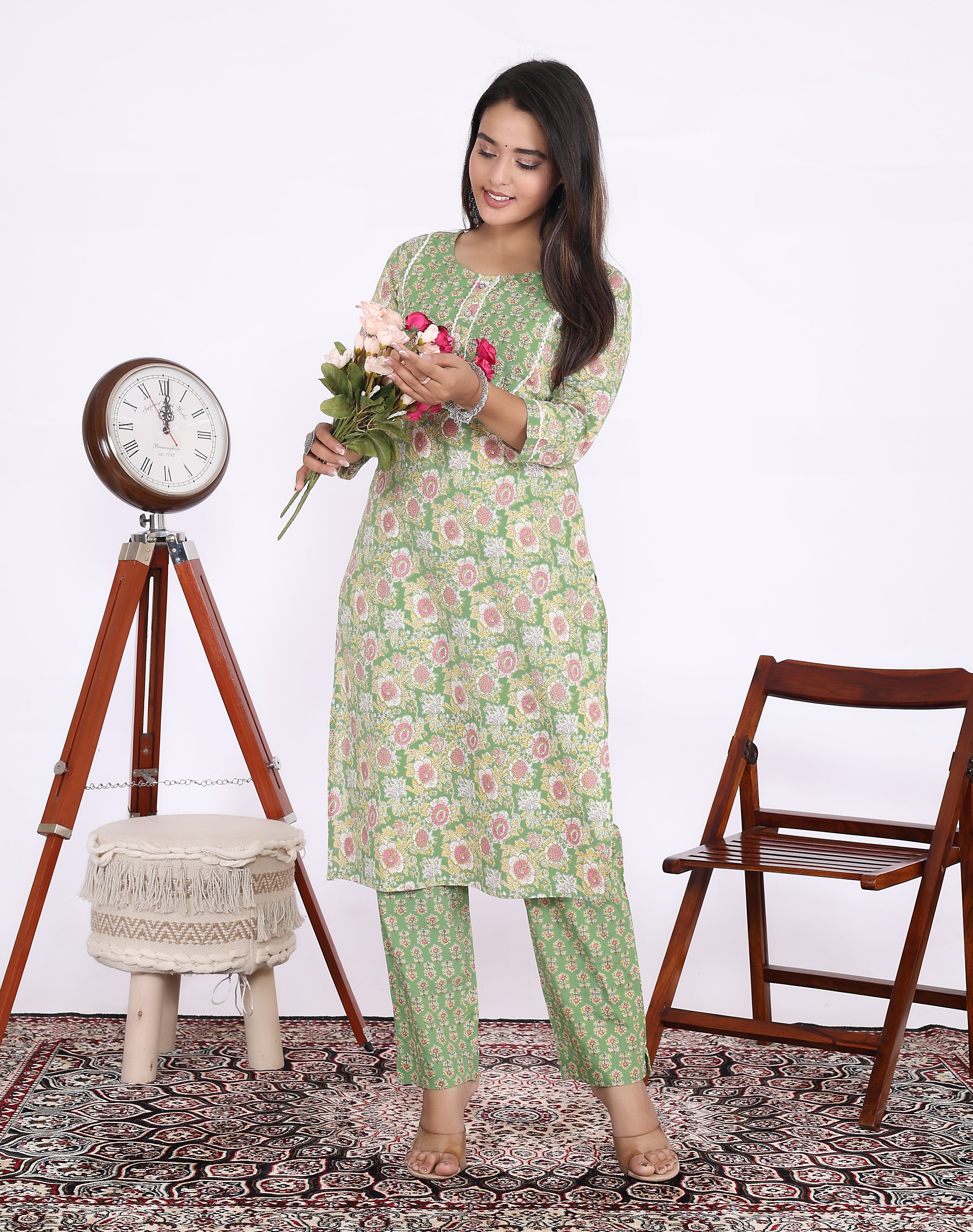 Green Cotton Printed Kurta With Pant Set (200005-Green)