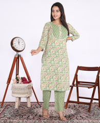 Green Cotton Printed Kurta With Pant Set (200005-Green)