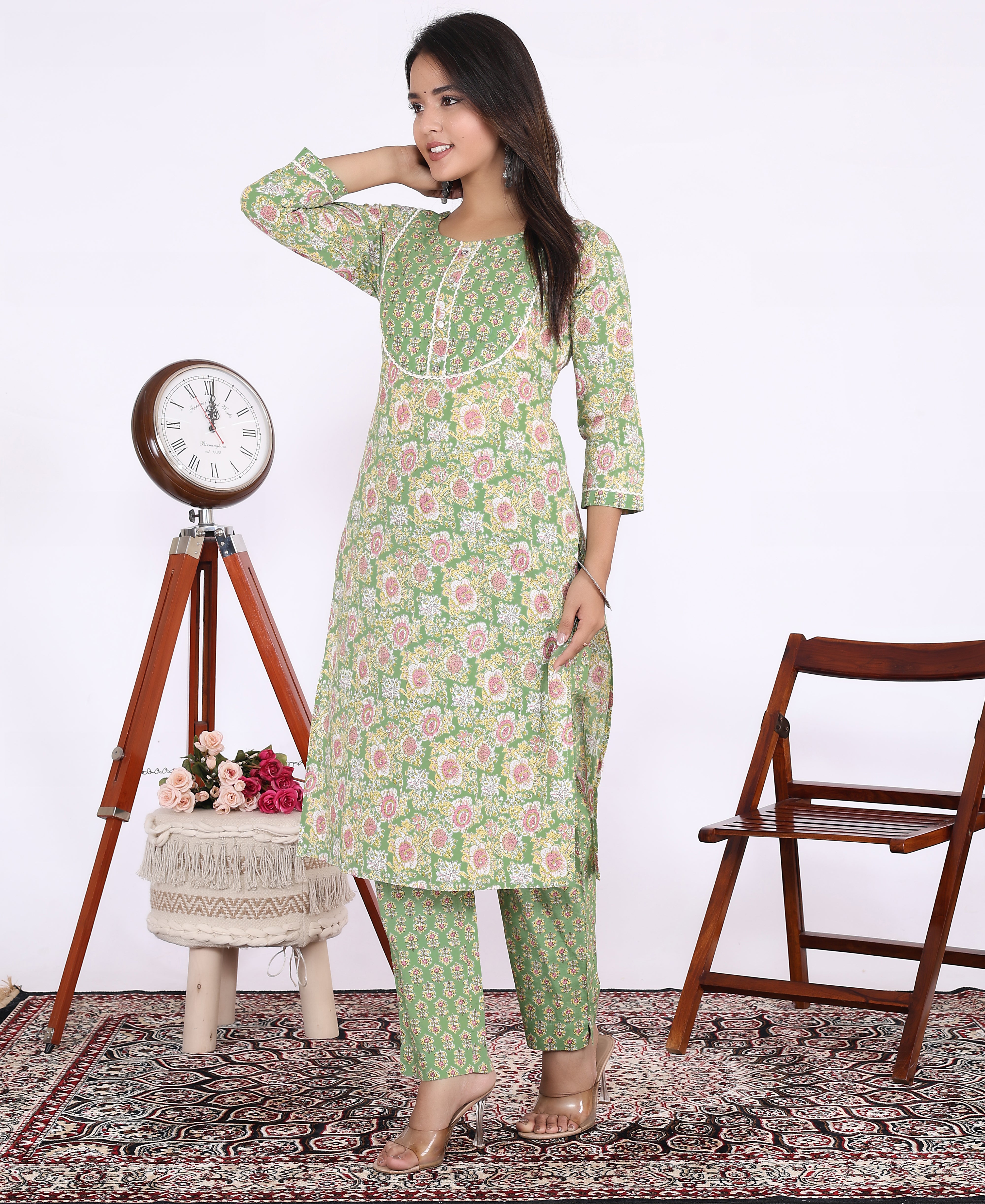 Green Cotton Printed Kurta With Pant Set (200005-Green)