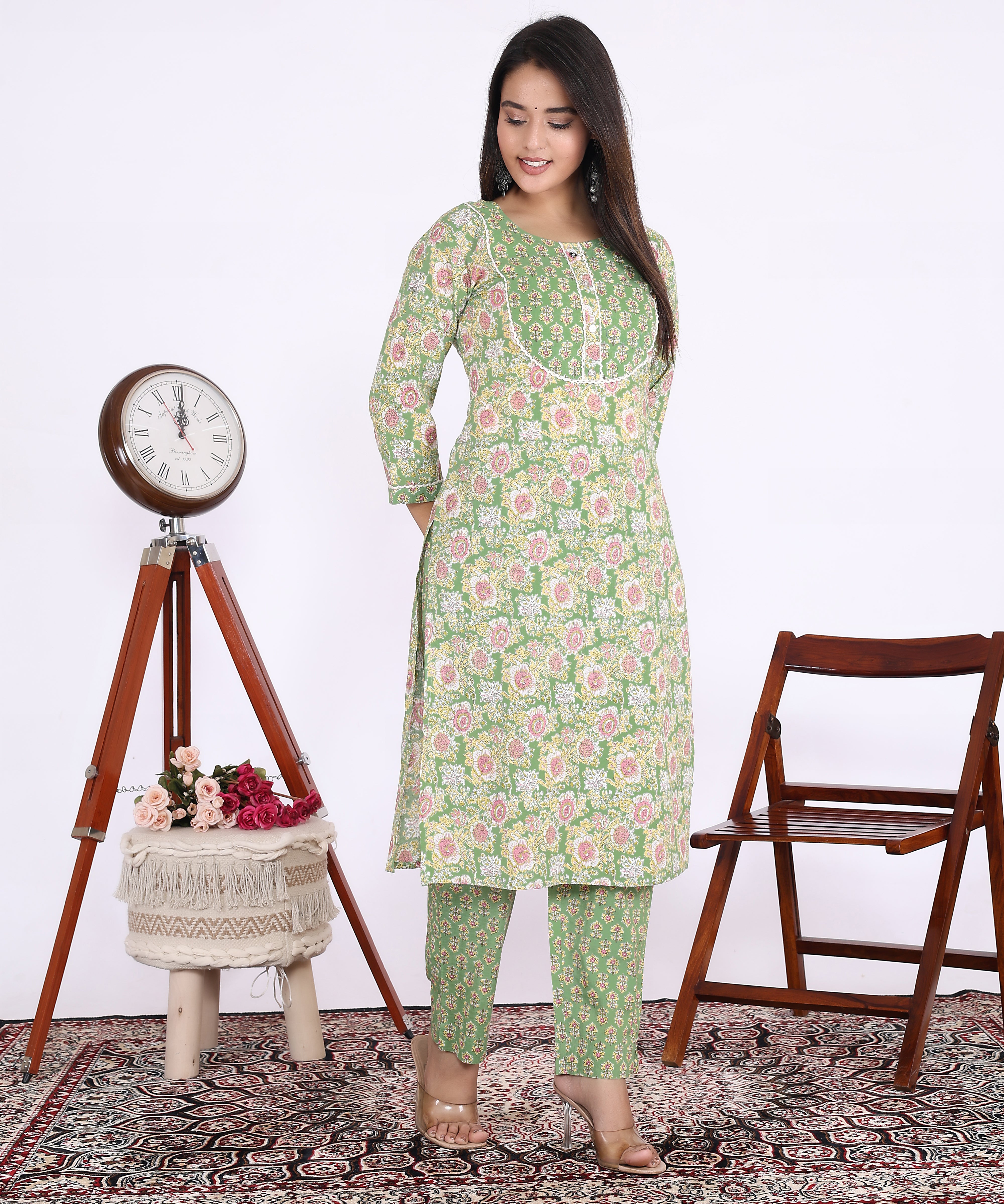 Green Cotton Printed Kurta With Pant Set (200005-Green)