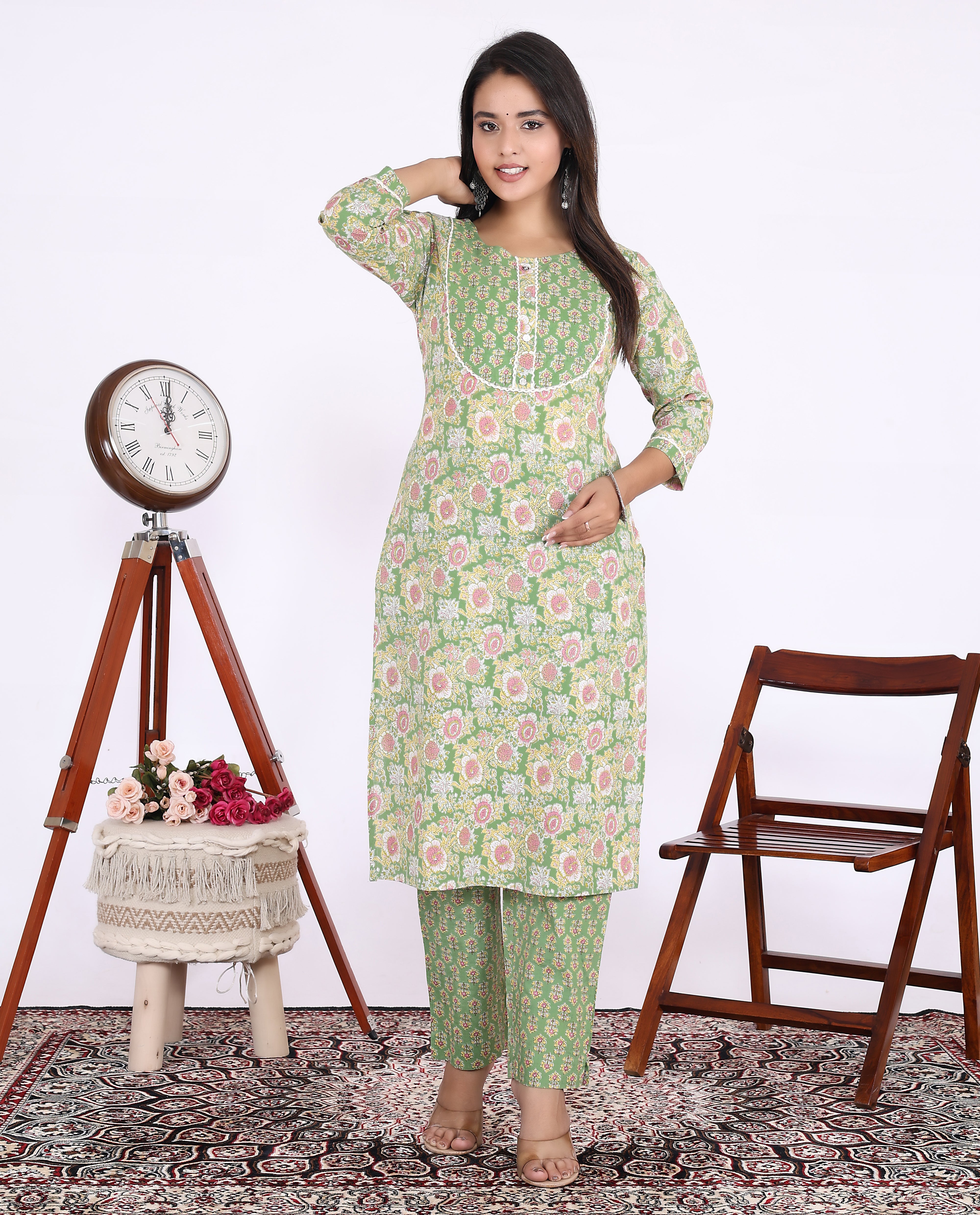 Green Cotton Printed Kurta With Pant Set (200005-Green)