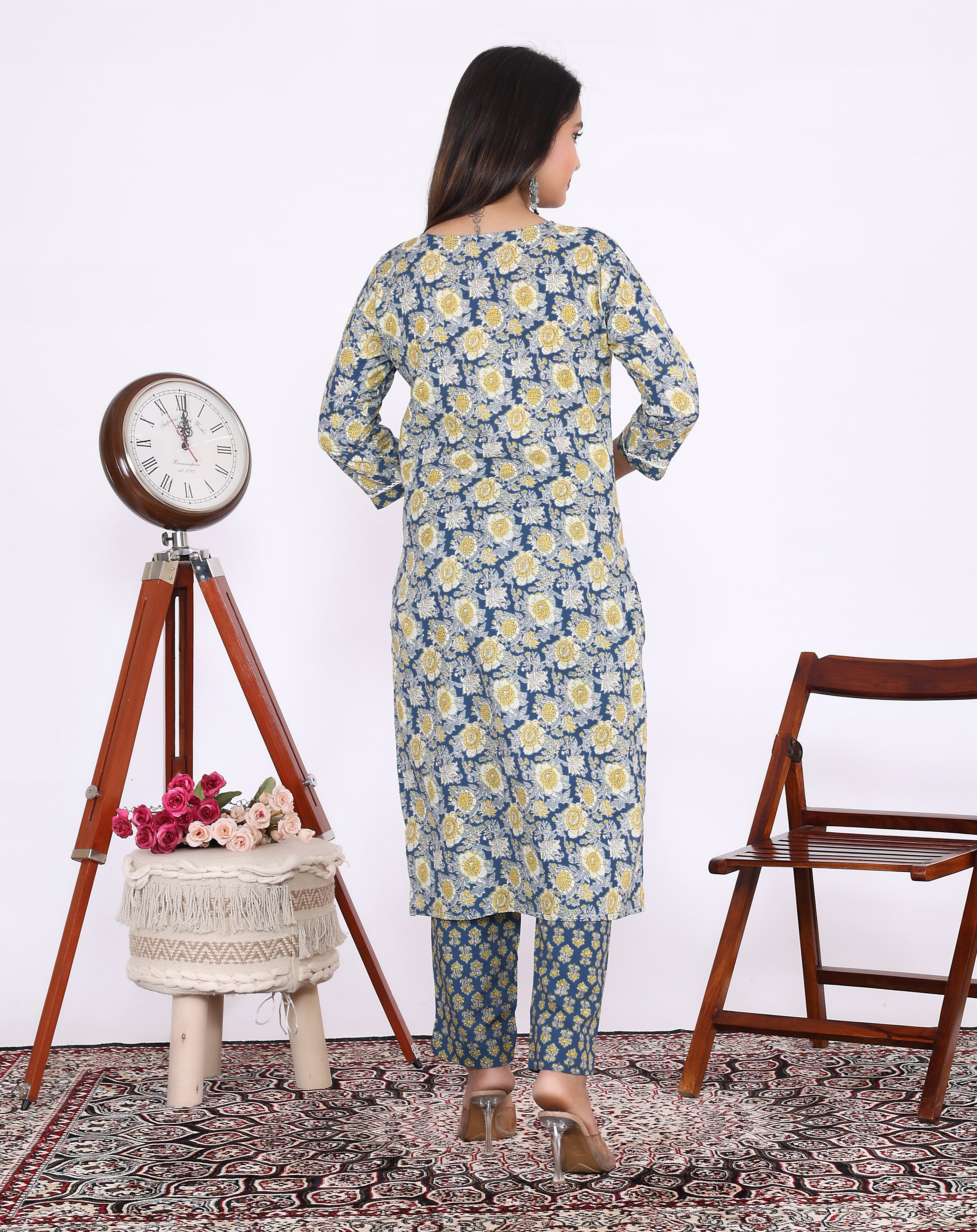 Blue Cotton Printed Kurta With Pant Set (200006-Blue)