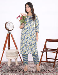 Blue Cotton Printed Kurta With Pant Set (200006-Blue)