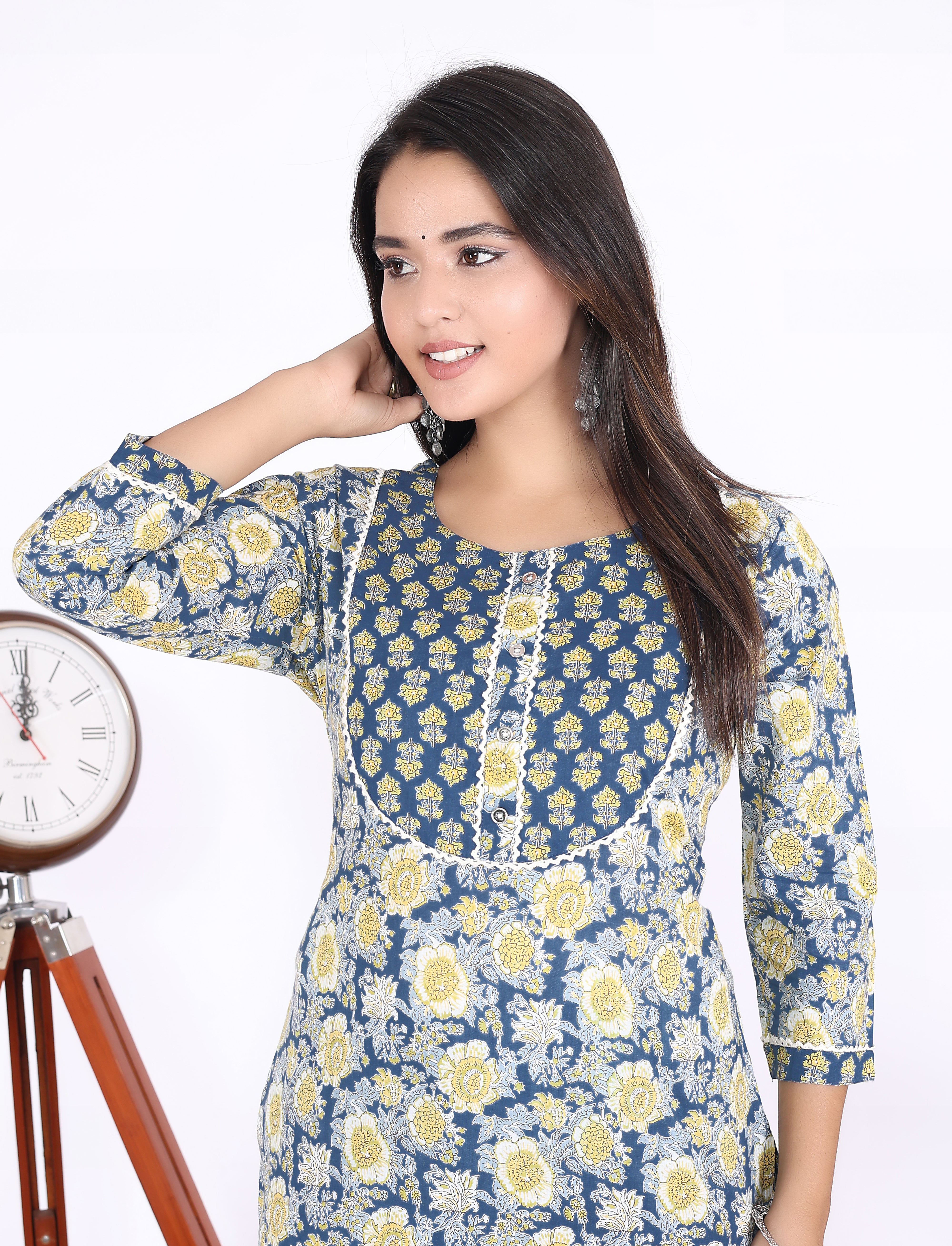 Blue Cotton Printed Kurta With Pant Set (200006-Blue)