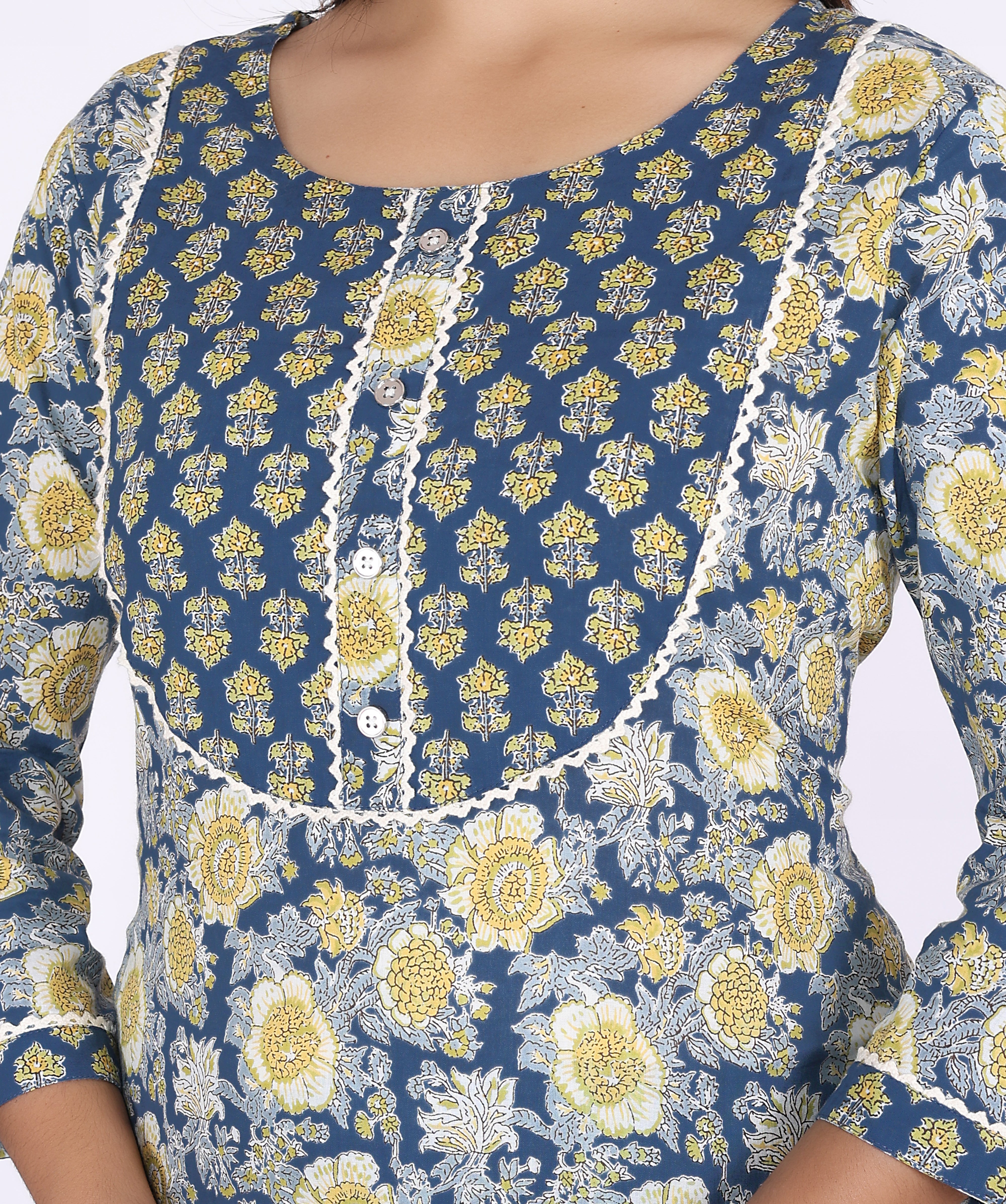 Blue Cotton Printed Kurta With Pant Set (200006-Blue)