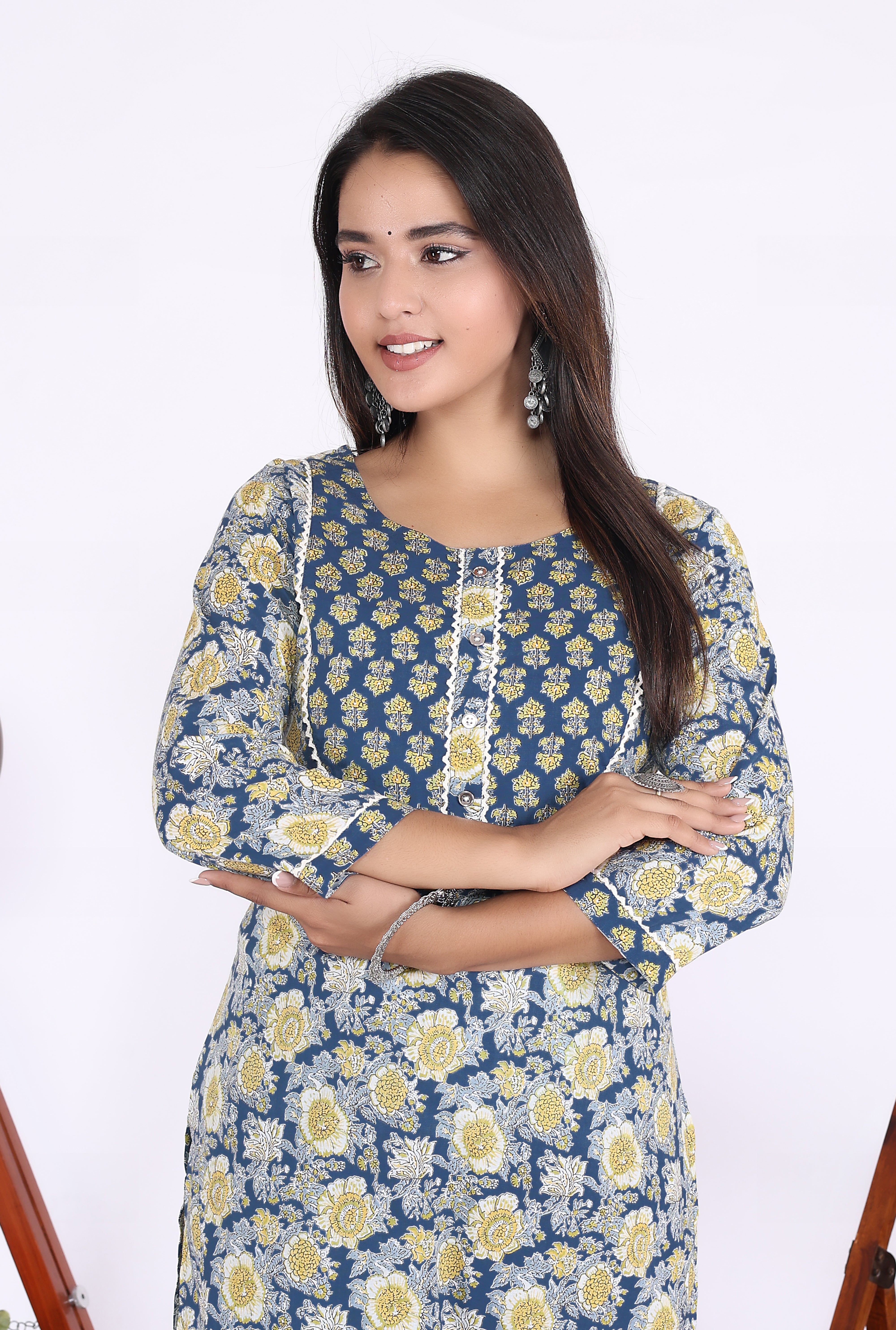 Blue Cotton Printed Kurta With Pant Set (200006-Blue)