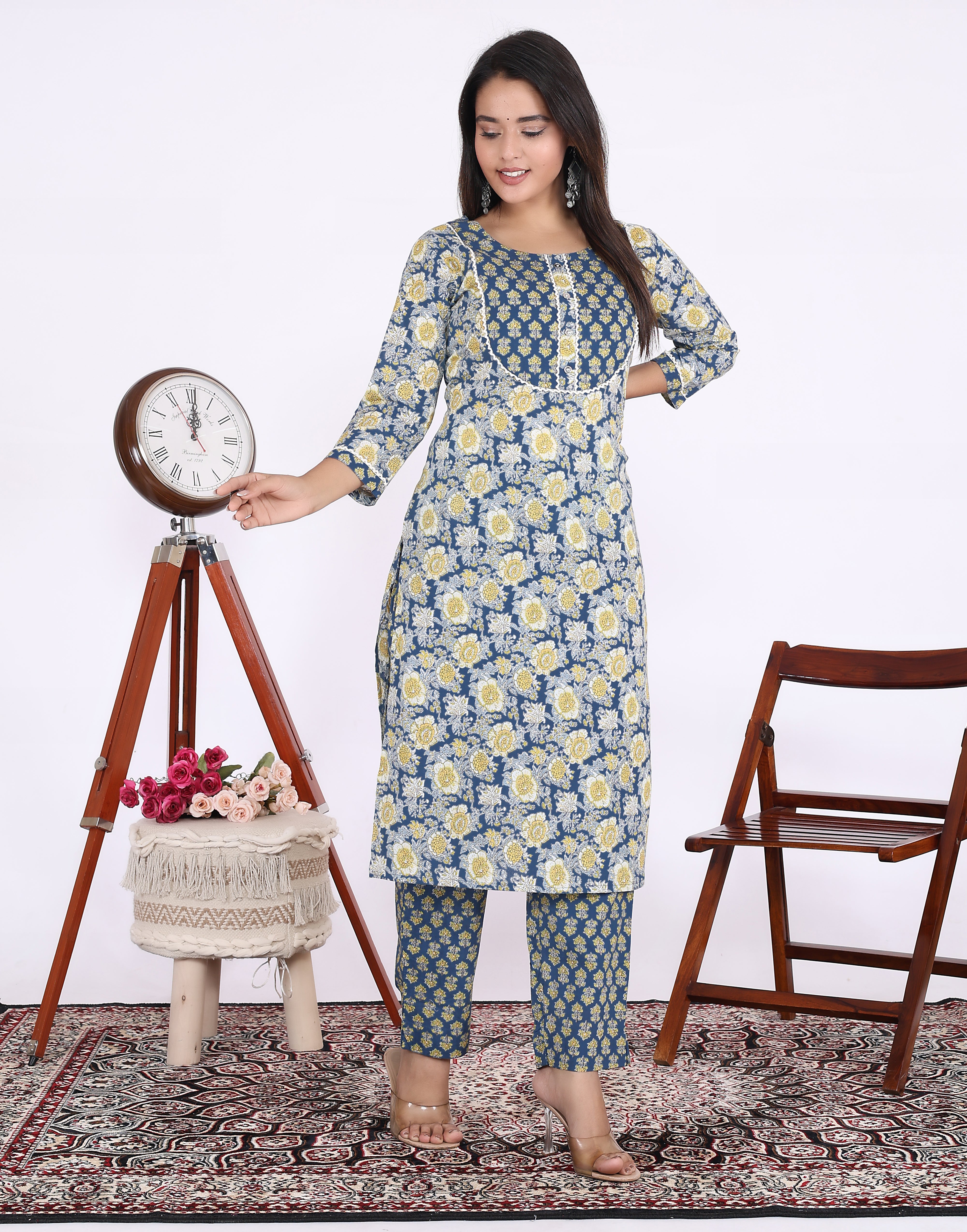 Blue Cotton Printed Kurta With Pant Set (200006-Blue)