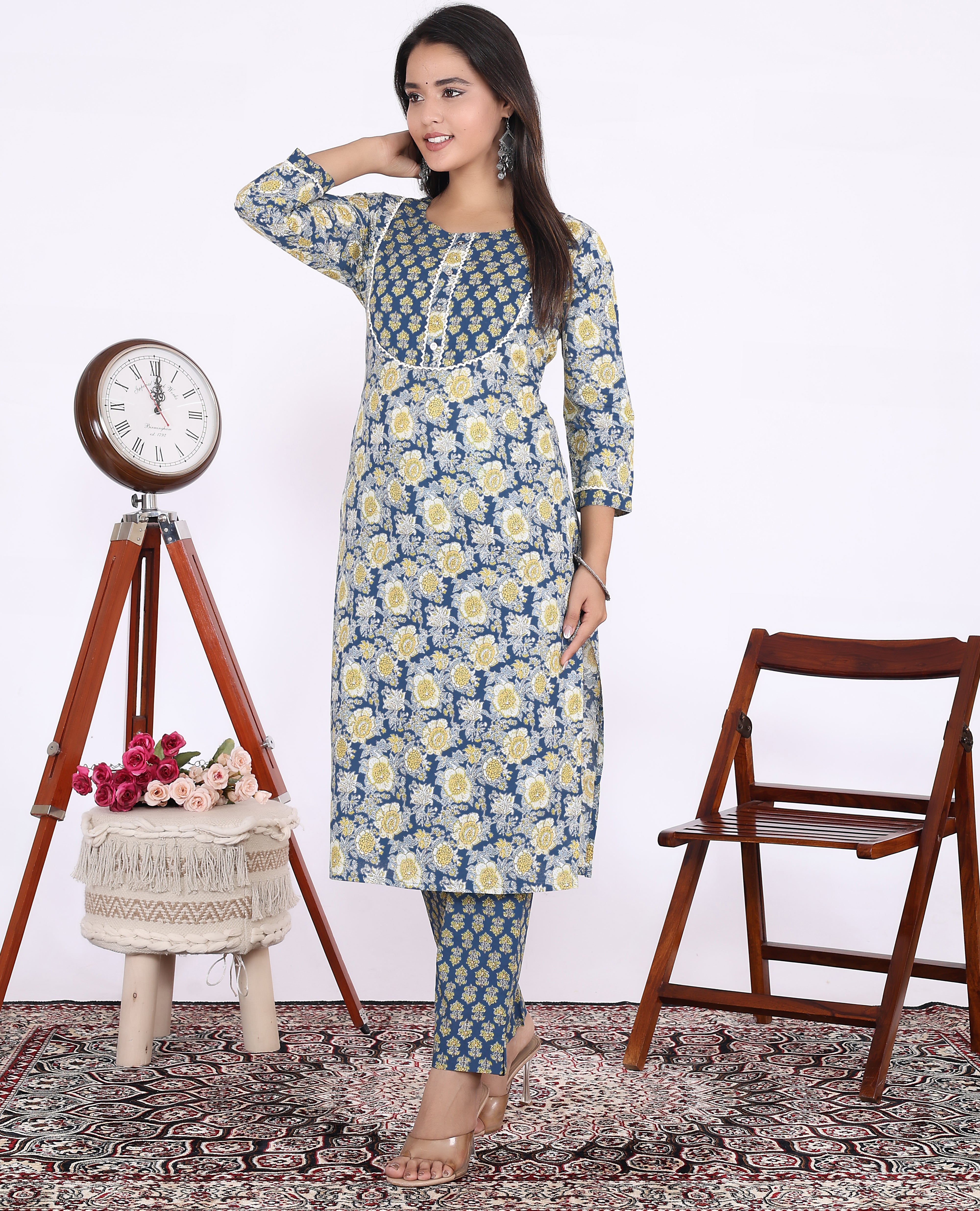 Blue Cotton Printed Kurta With Pant Set (200006-Blue)