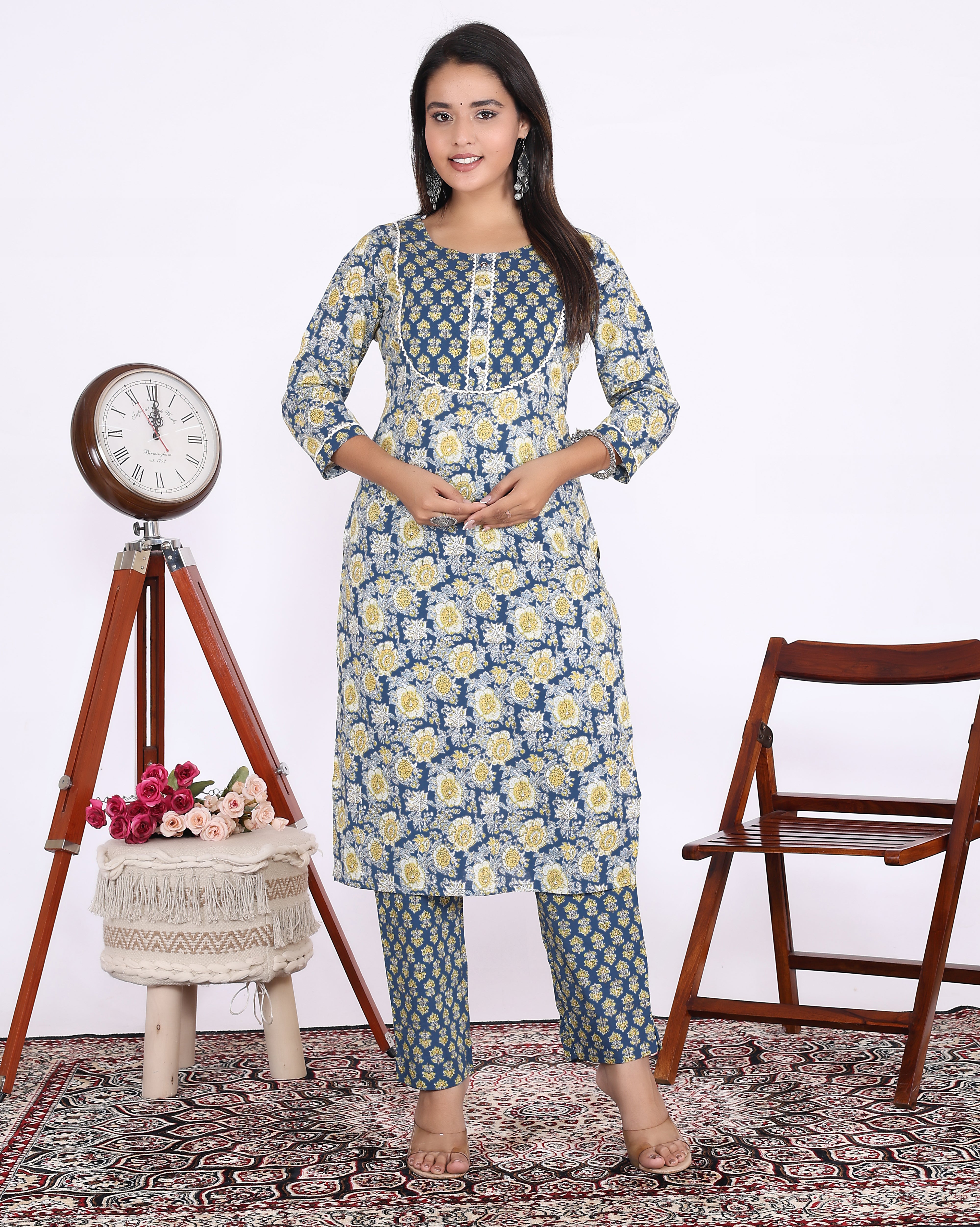 Blue Cotton Printed Kurta With Pant Set (200006-Blue)