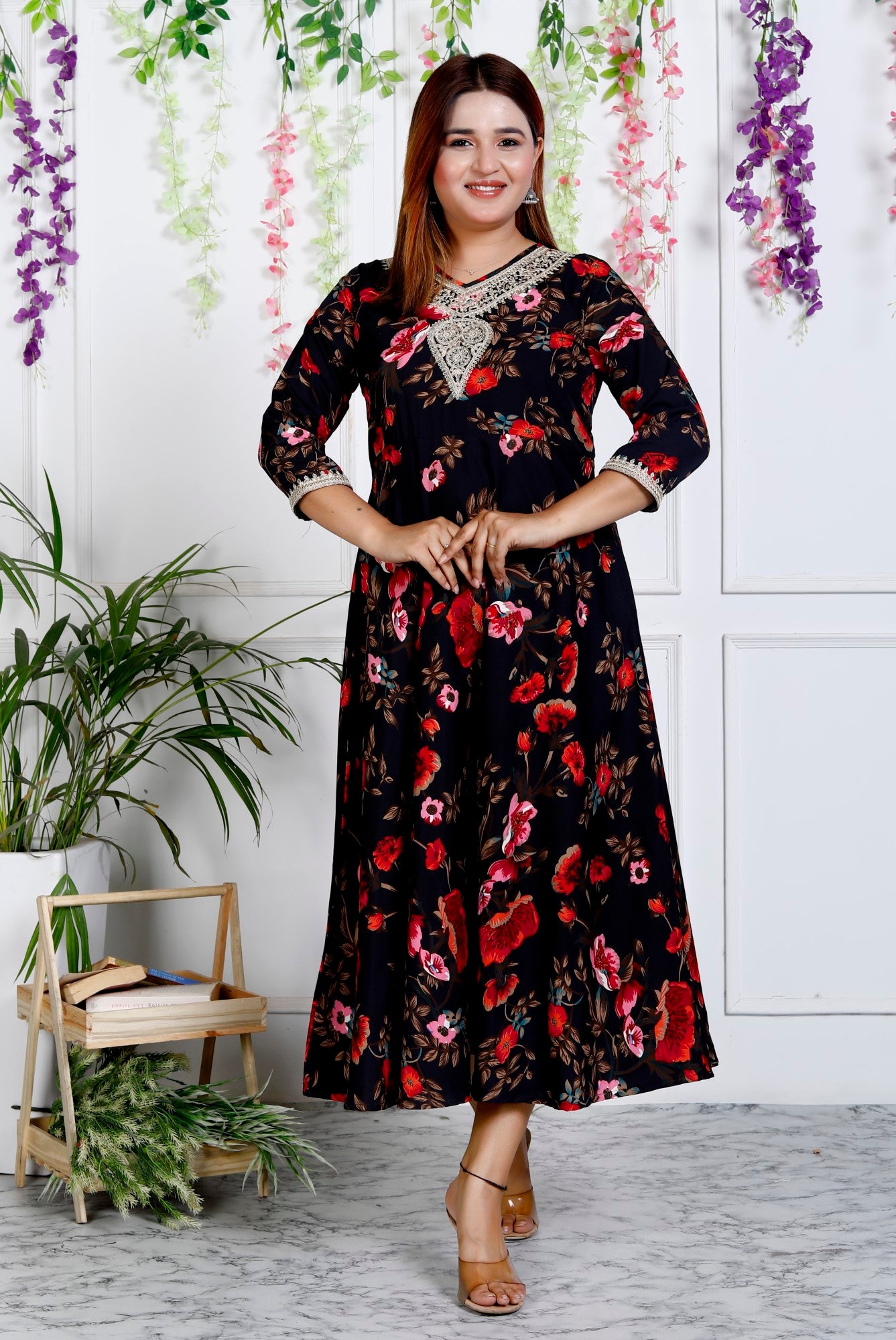 Black Cotton Blend Printed Anarkali Kurta-1129