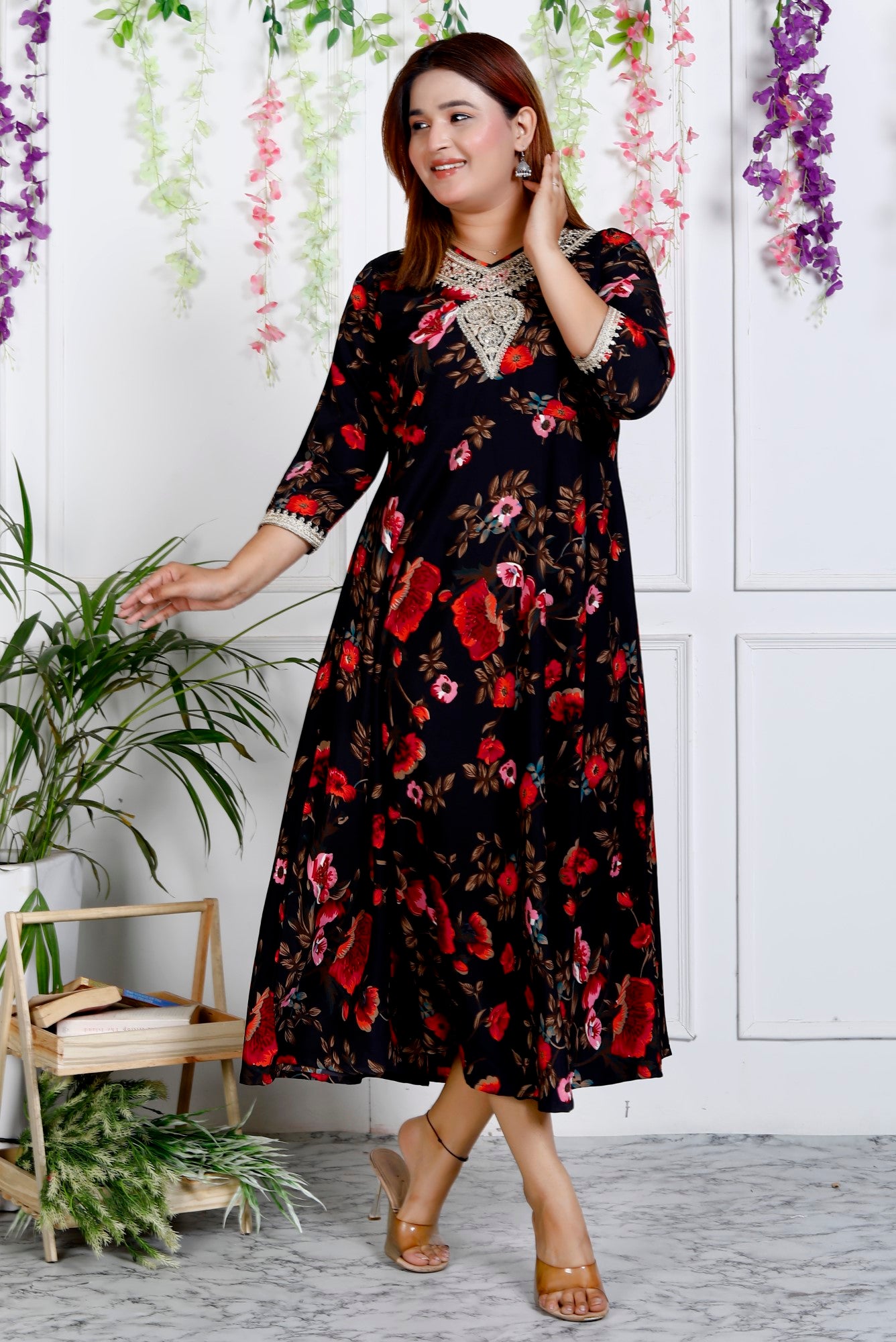 Black Cotton Blend Printed Anarkali Kurta-1129