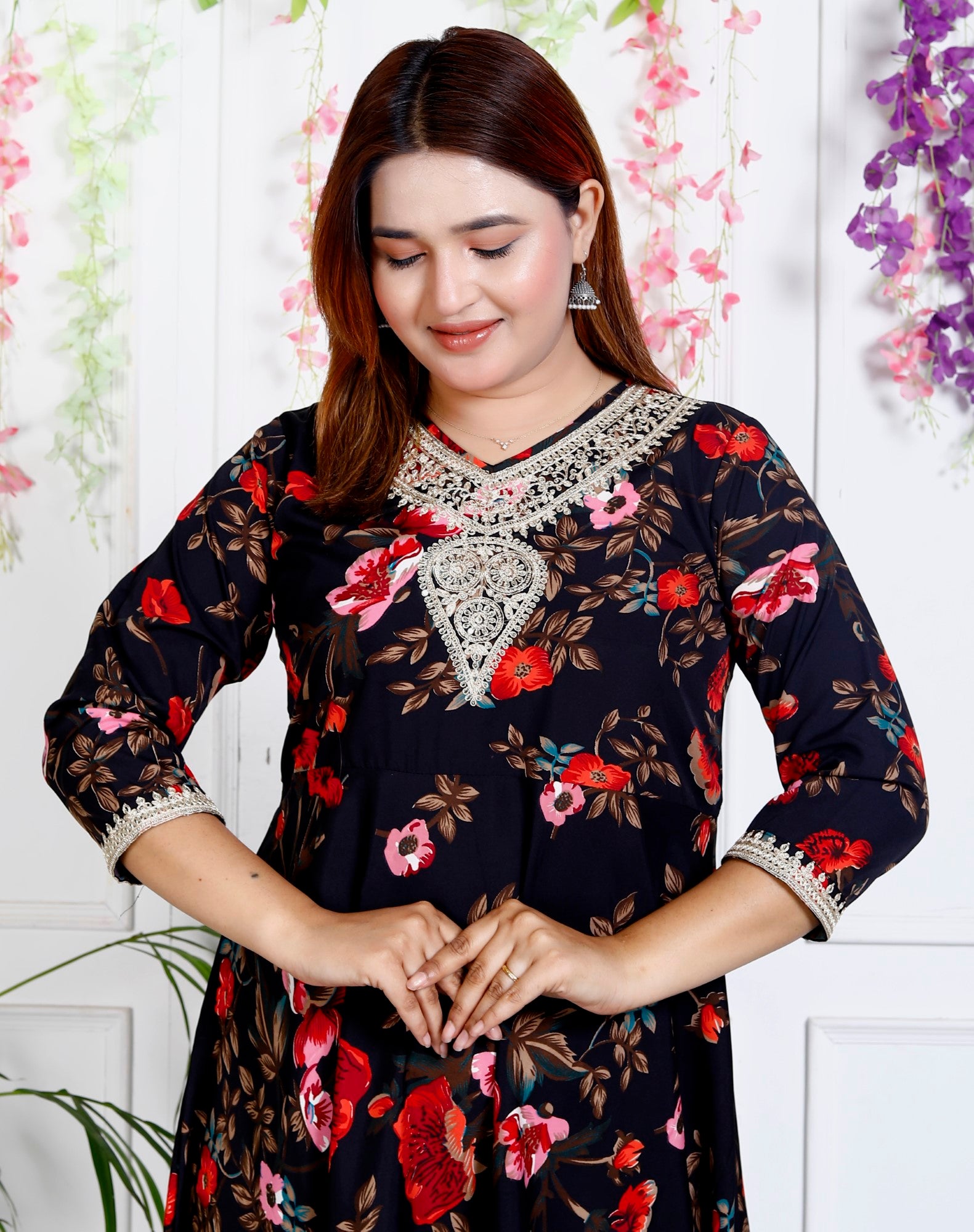 Black Cotton Blend Printed Anarkali Kurta-1129