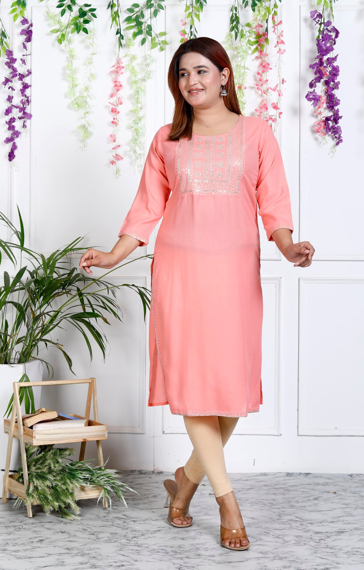 Peach Cotton Blend Solid Print Straight Kurta-1118