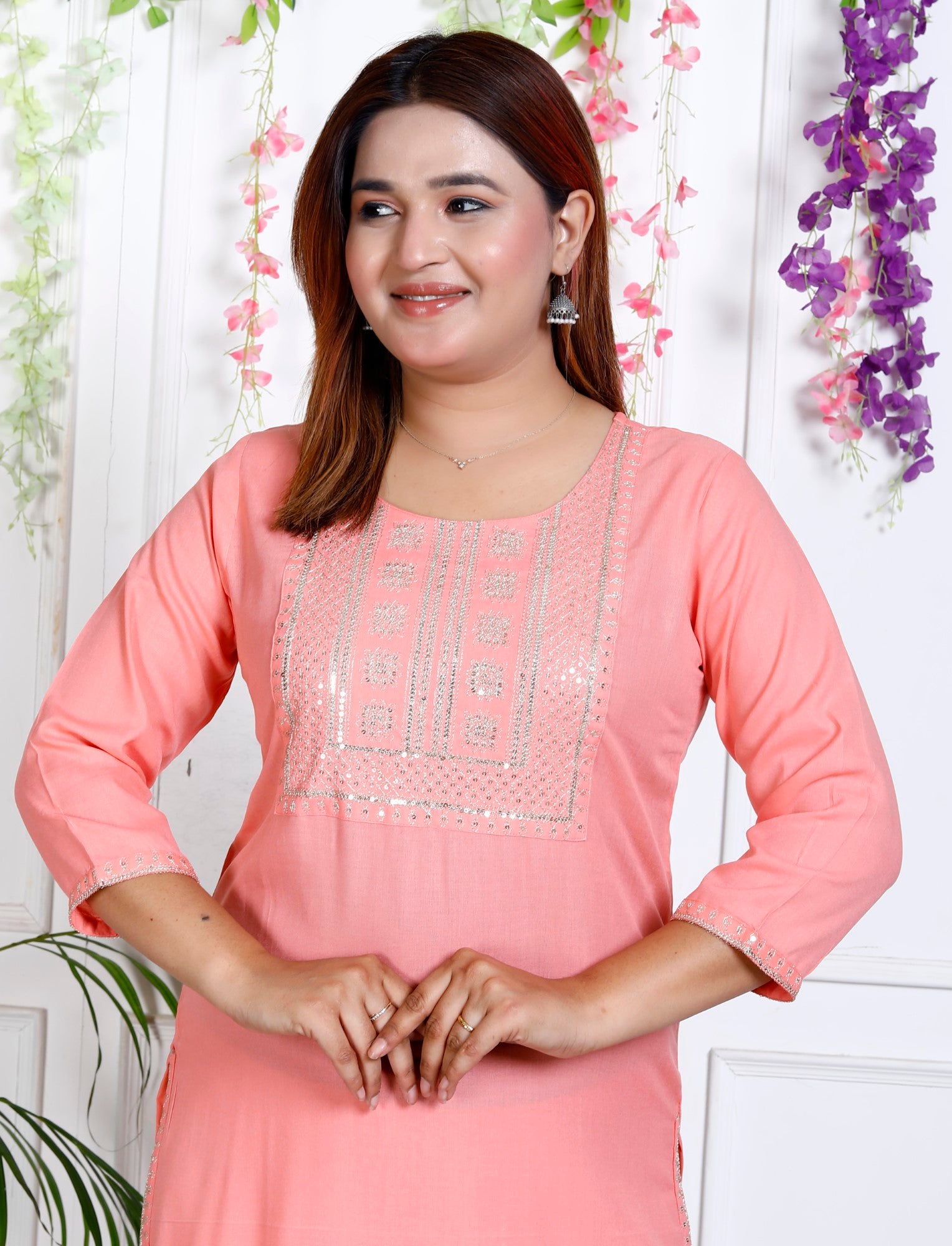 Peach Cotton Blend Solid Print Straight Kurta-1118