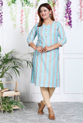 Blue Cotton Striped Print Straight Kurta-1121