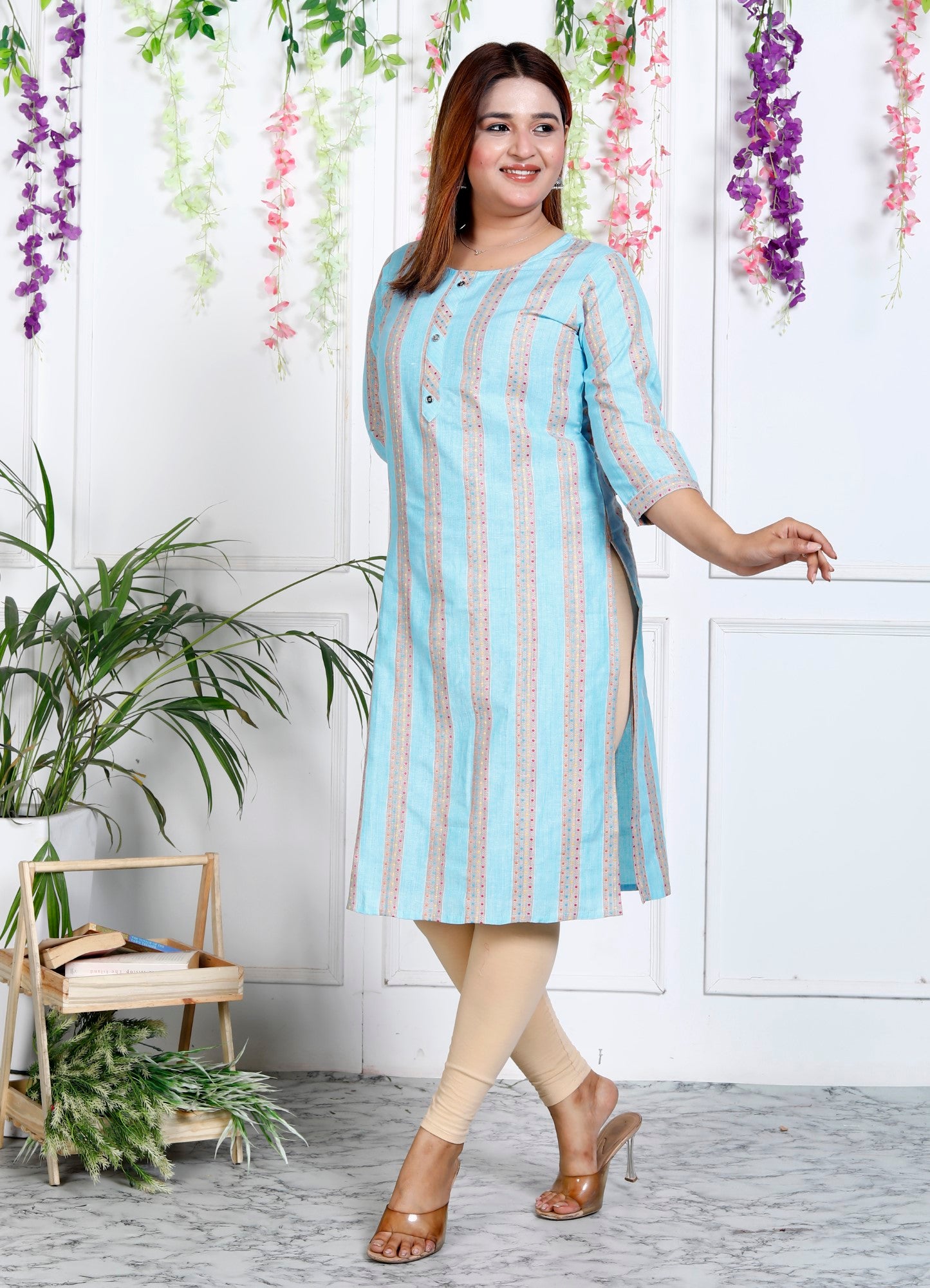 Blue Cotton Striped Print Straight Kurta-1121