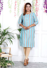 Blue Cotton Striped Print Straight Kurta-1121