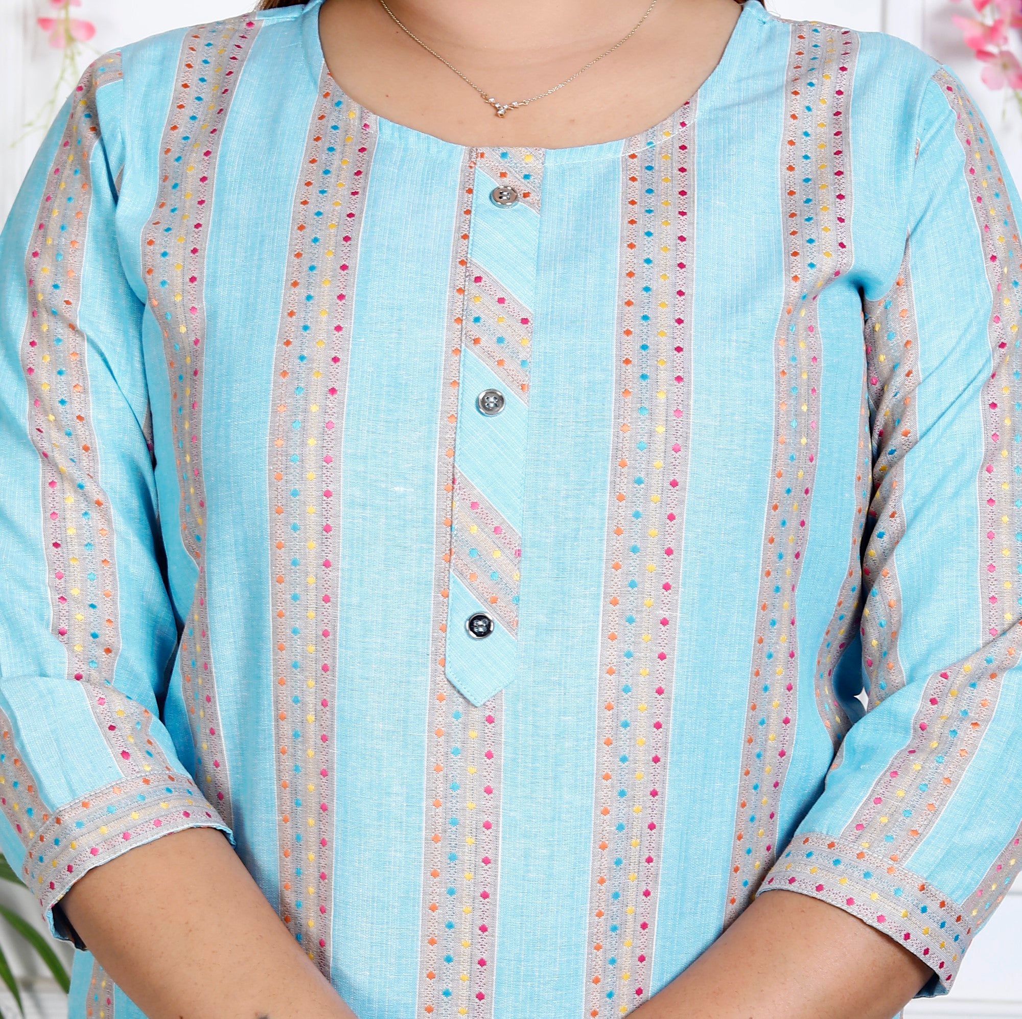 Blue Cotton Striped Print Straight Kurta-1121