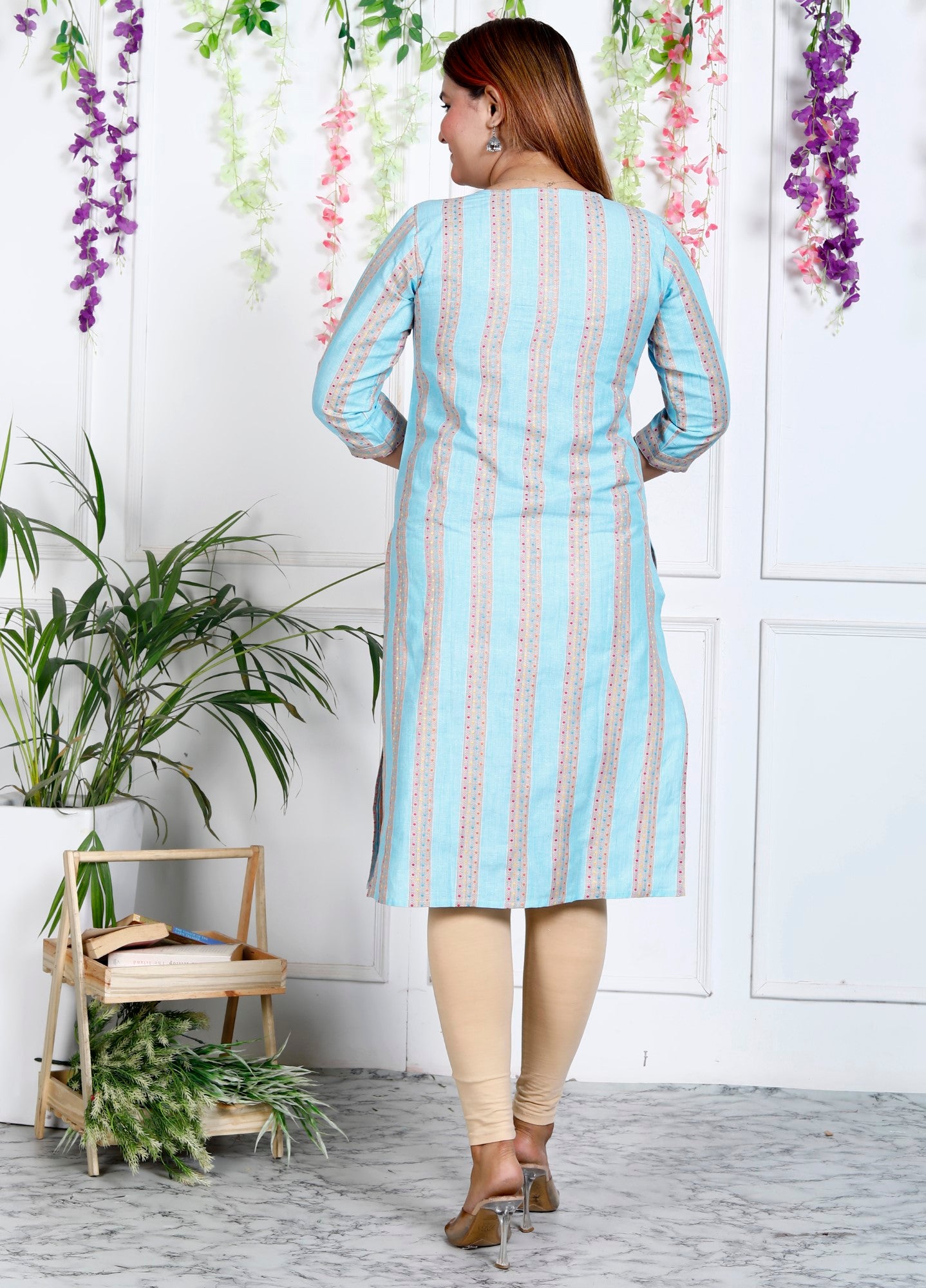 Blue Cotton Striped Print Straight Kurta-1121