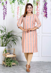 Peach Cotton Striped Print Straight Kurta-1121