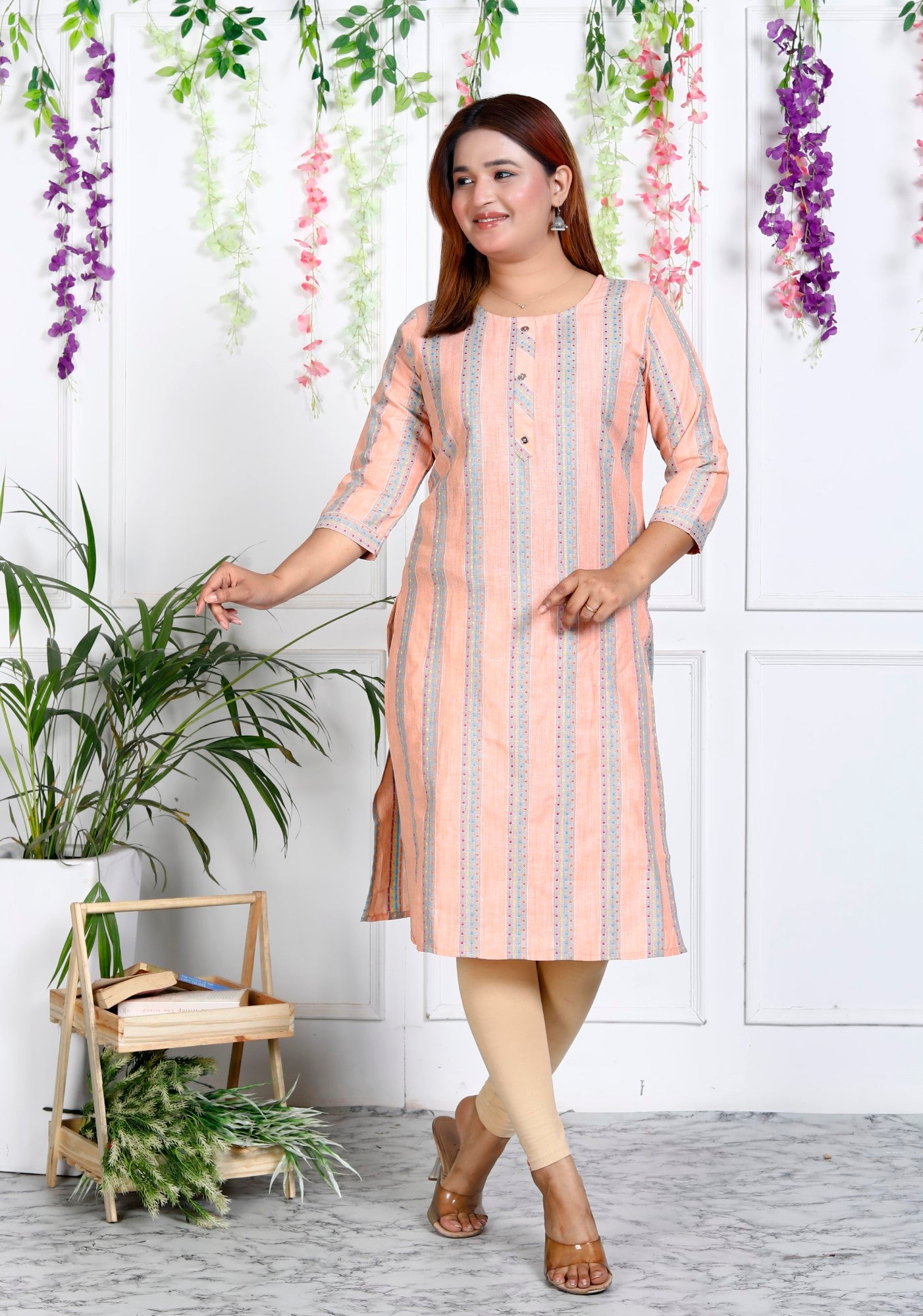 Peach Cotton Striped Print Straight Kurta-1121