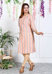 Peach Cotton Striped Print Straight Kurta-1121