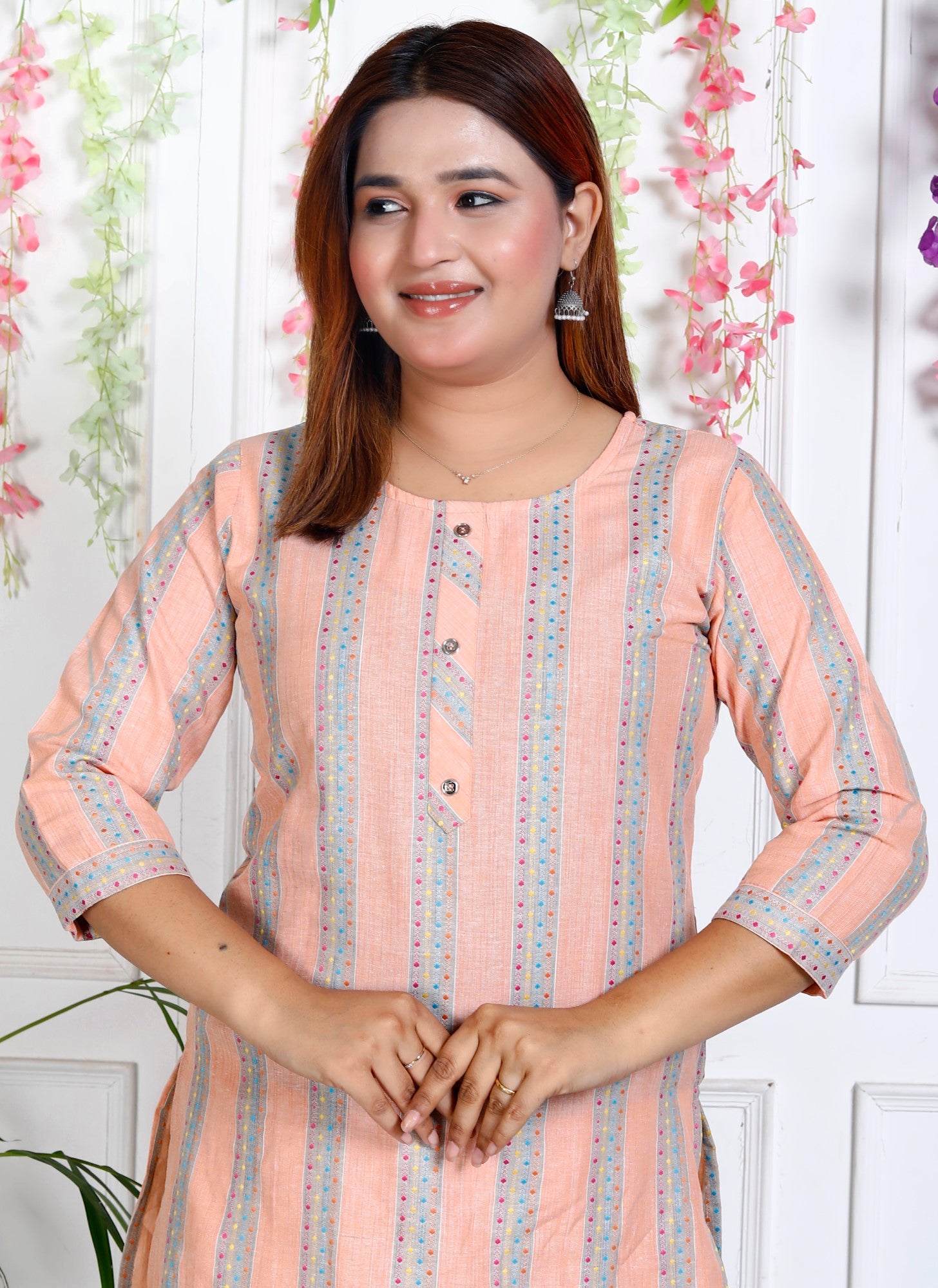 Peach Cotton Striped Print Straight Kurta-1121