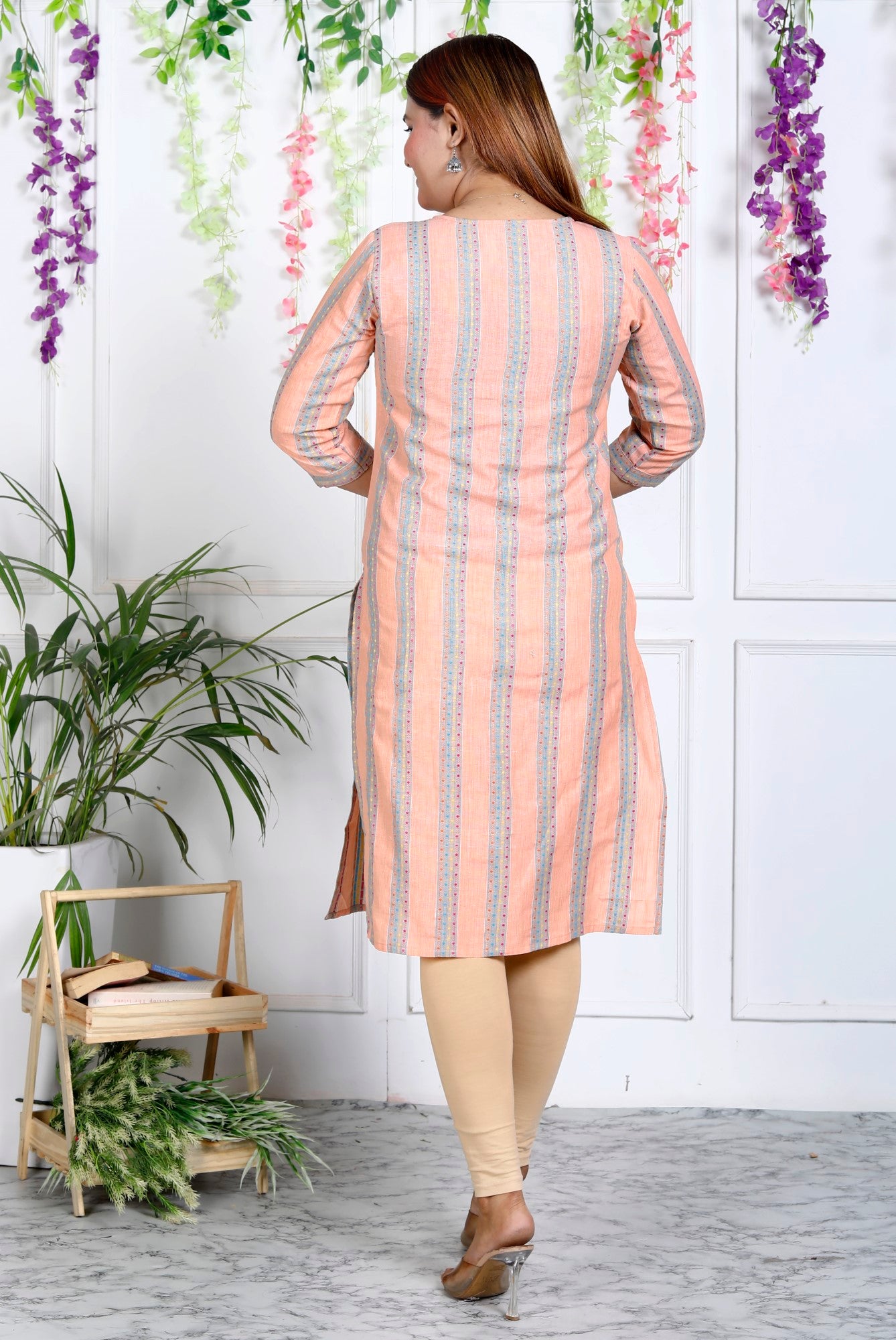 Peach Cotton Striped Print Straight Kurta-1121