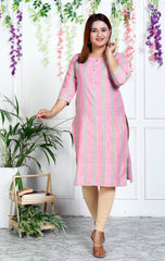 Pink Cotton Striped Print Straight Kurta