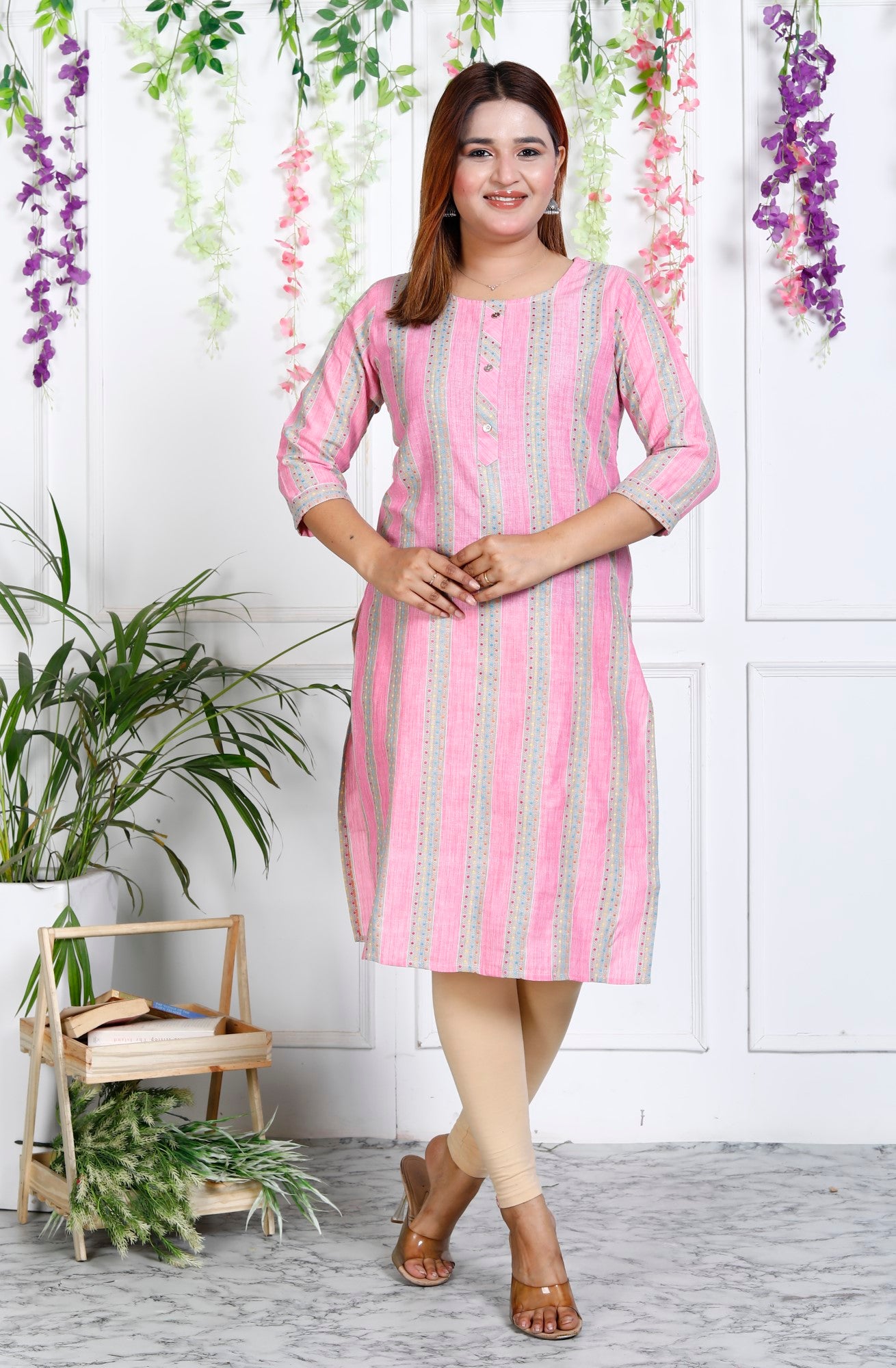 Pink Cotton Striped Print Straight Kurta