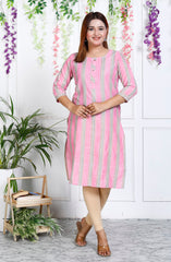 Pink Cotton Striped Print Straight Kurta